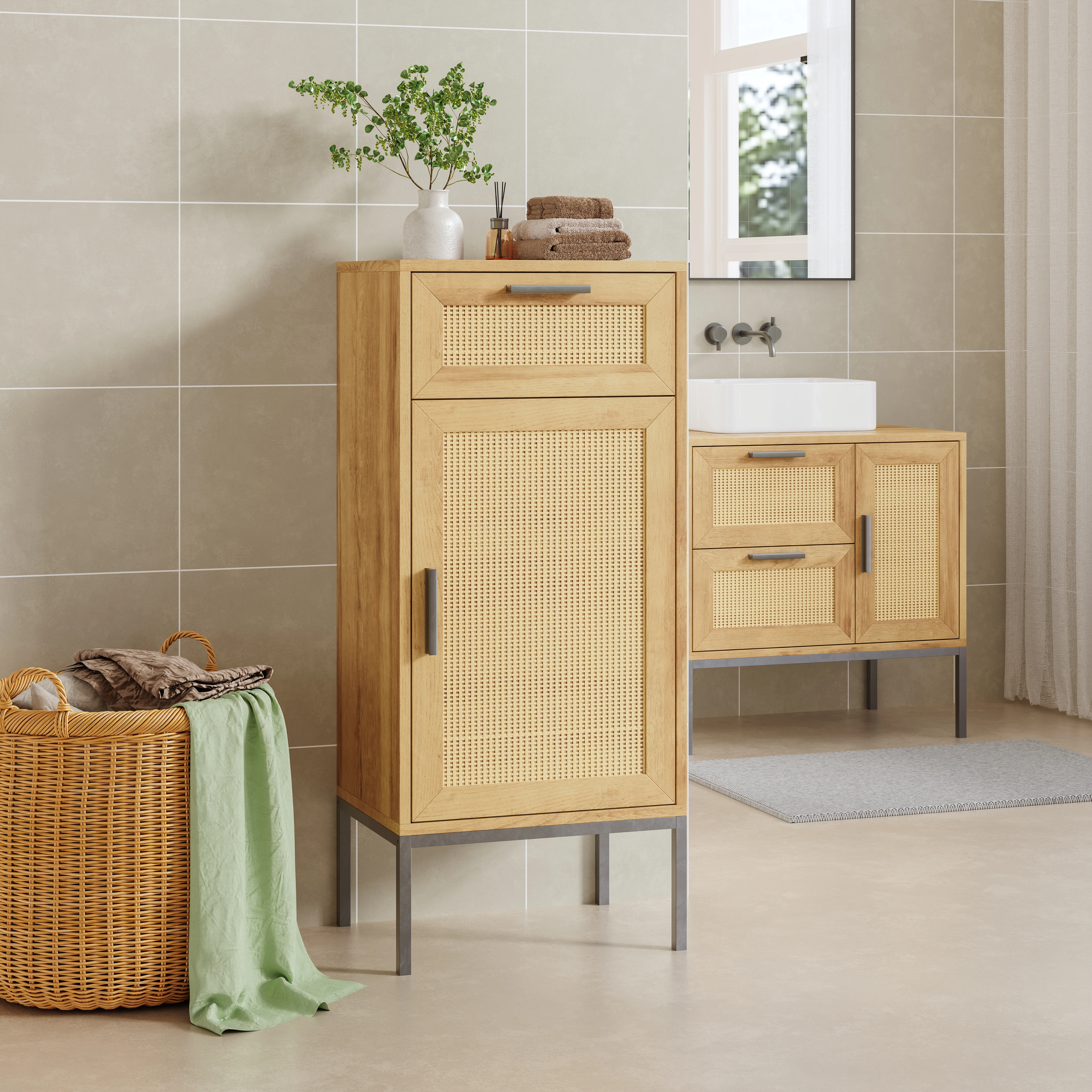 Badezimmerschrank Marhasa 92x40x30 cm Eicheoptik/Schwarz [en.casa] - Image 2