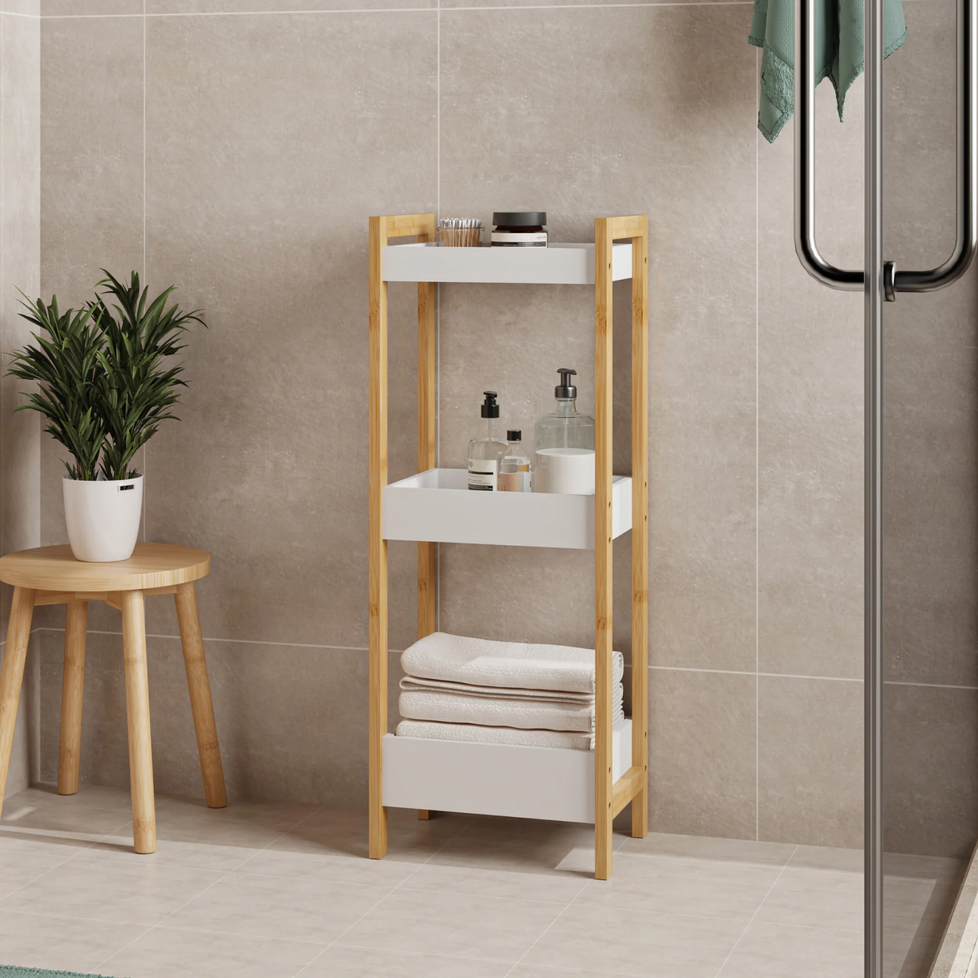 Badregal Anun mit 3 Ebenen 75x28x20 cm Bambus Natur/Weiß [en.casa]