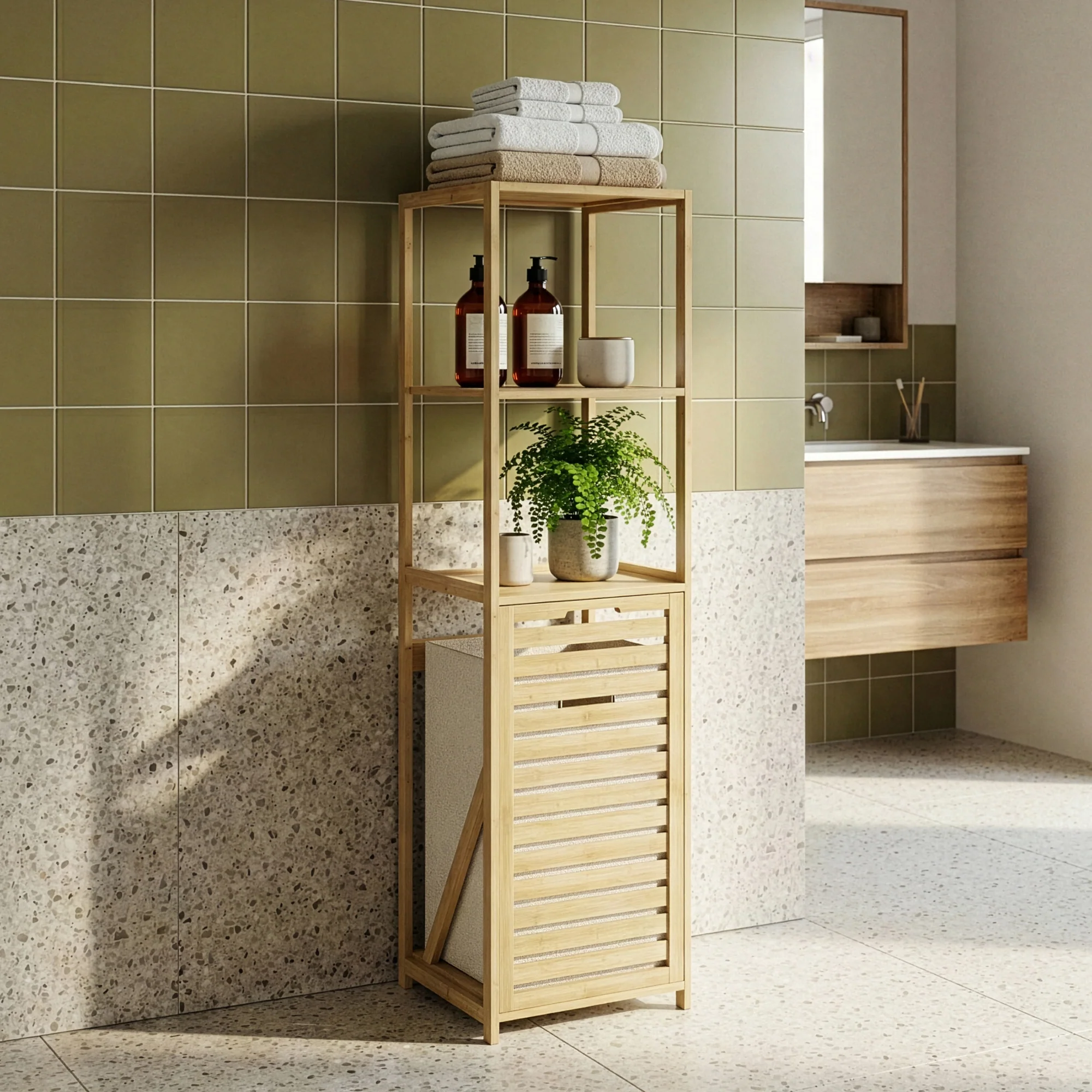 Badregal mit Wäschesammler Anun 130x36x33 cm Bambus Holzfarben [en.casa] - Image 2
