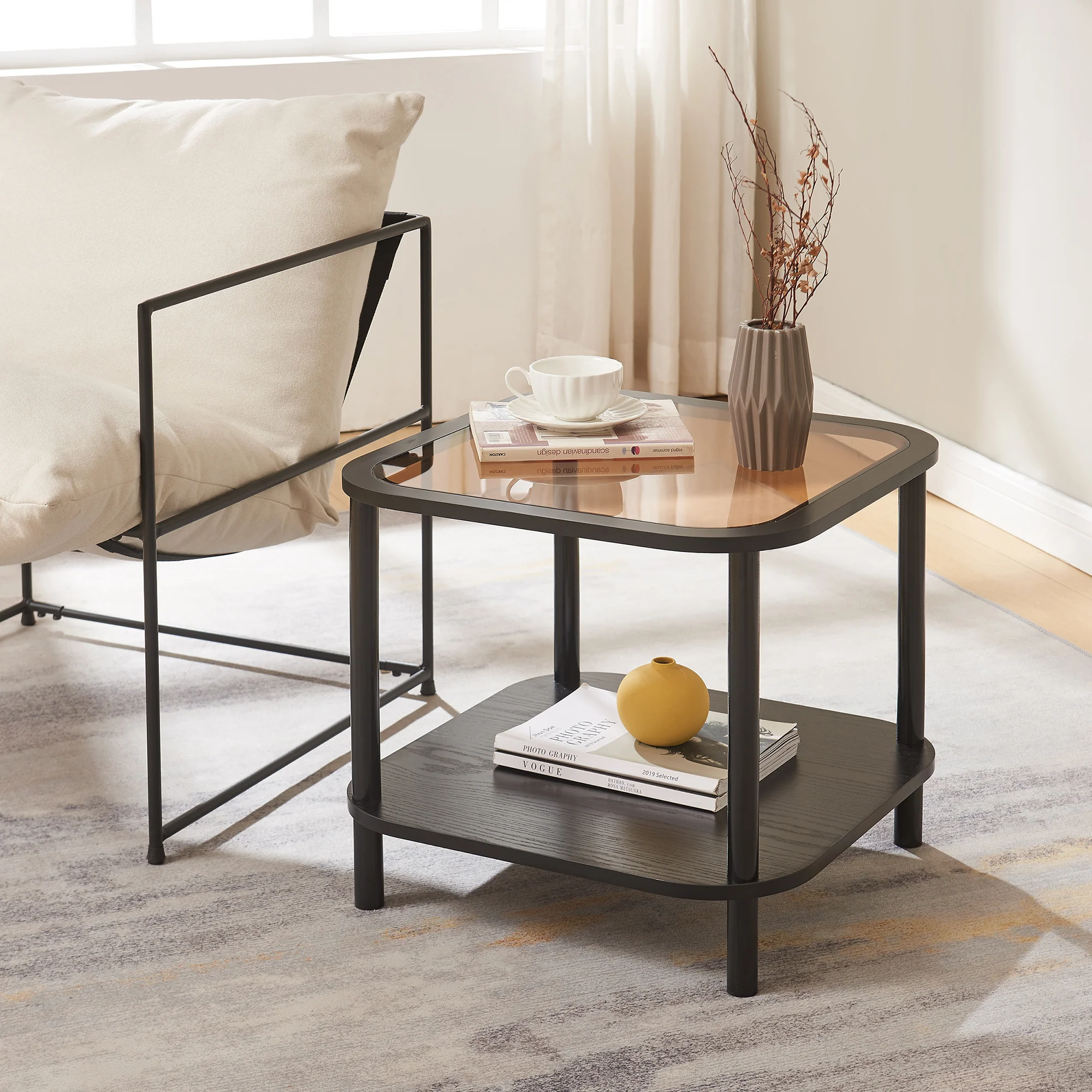 Beistelltisch Latama mit Glasplatte 51x51x45 cm Schwarz/Bronzeglas [en.casa]