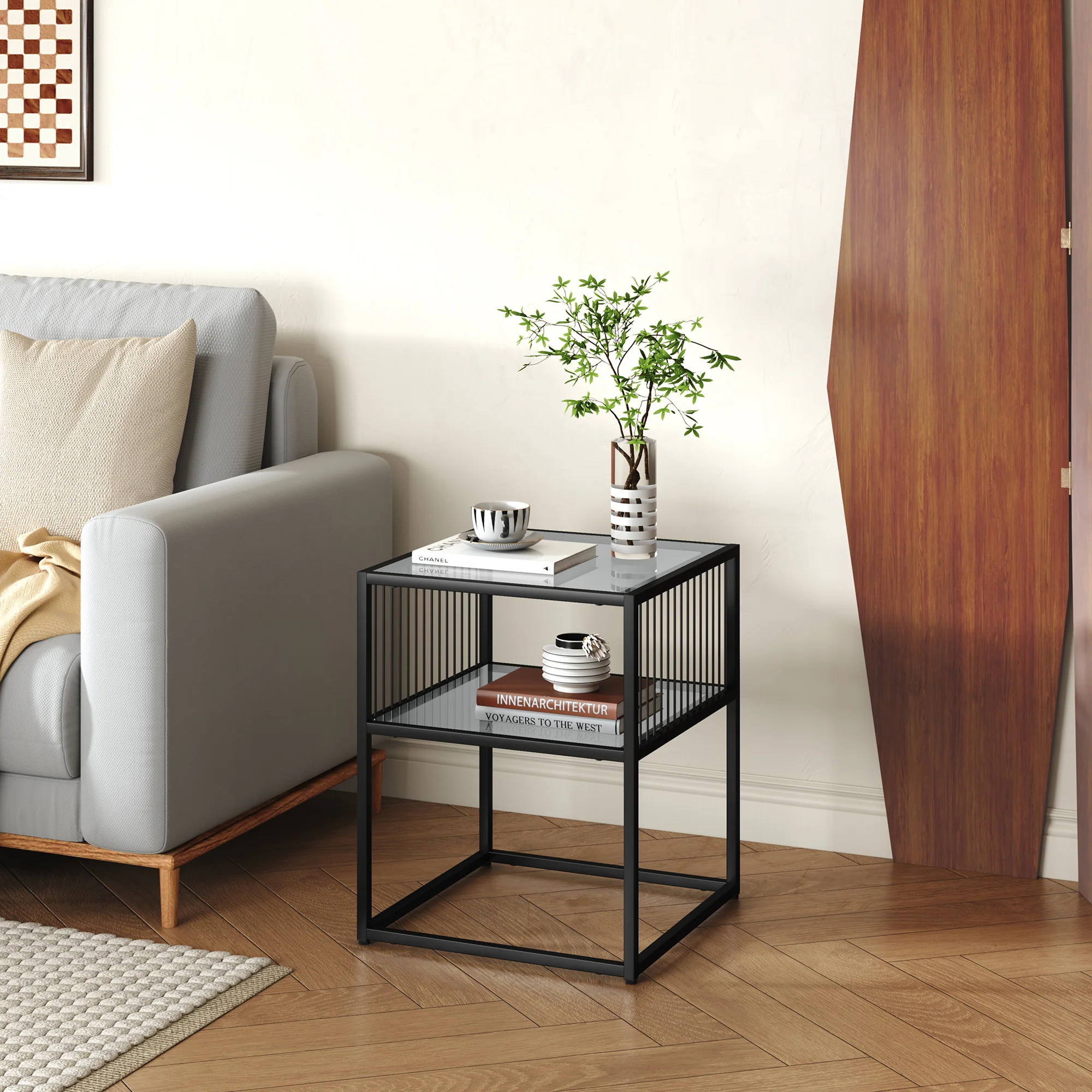 Beistelltisch Tronevn mit Glasplatte 50x40x40 cm Schwarz [en.casa] - Image 2
