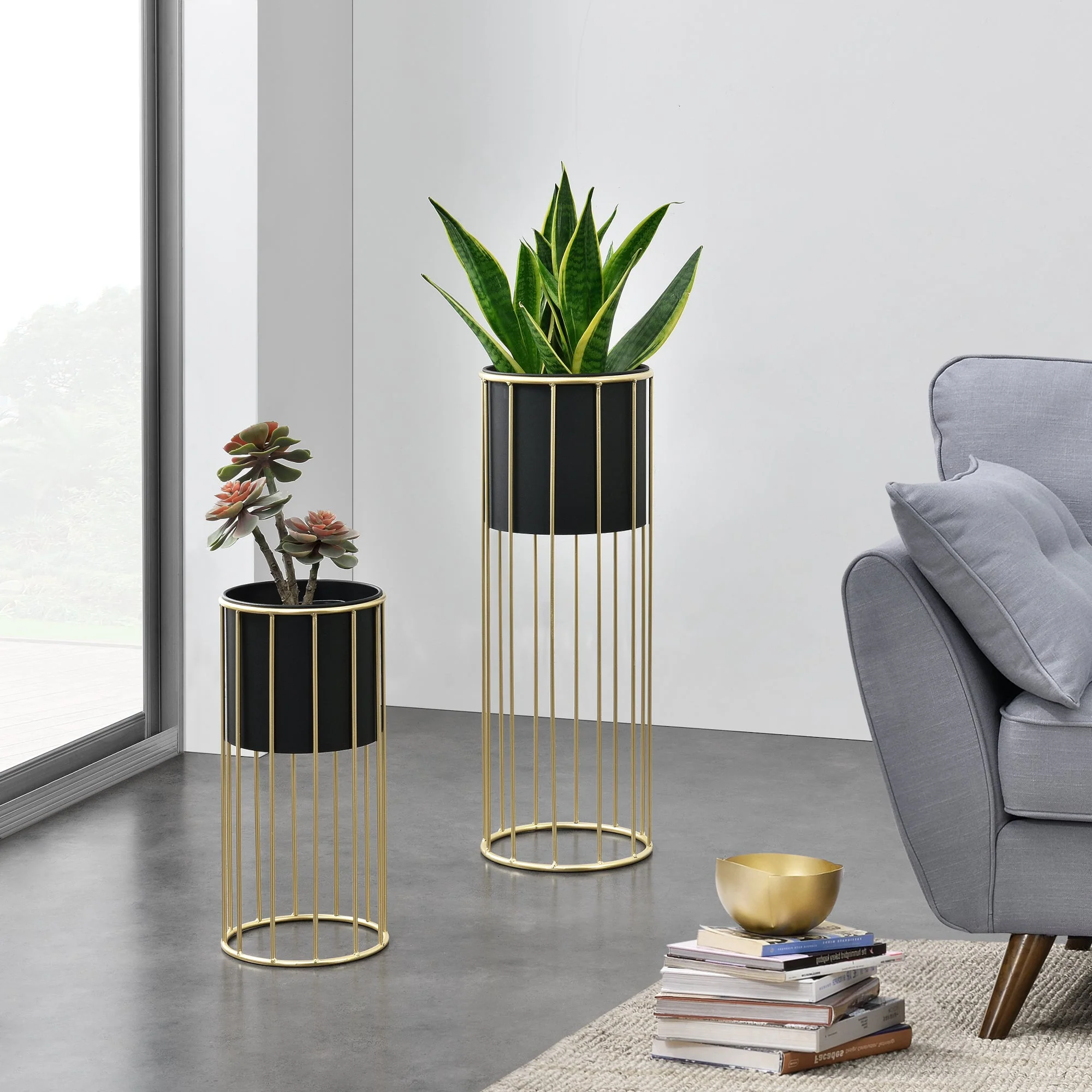 Blumentopfständer Mortsel 2er-Set Metall Schwarz-Goldfarben [en.casa] - Image 2