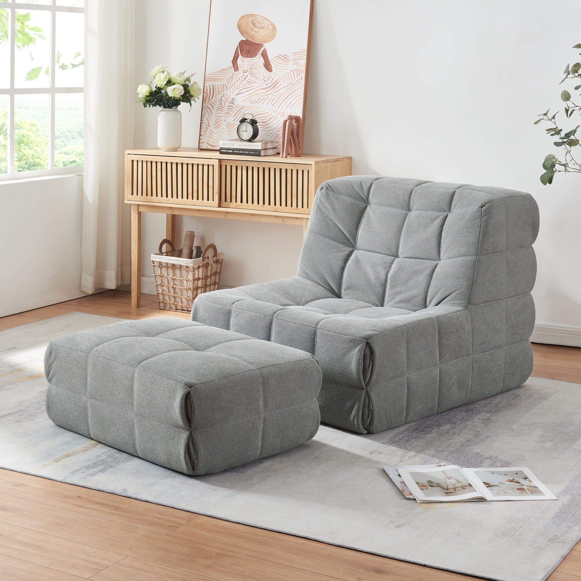 Bodensessel mit Fußhocker Koskyvn Textil [en.casa] - Image 4