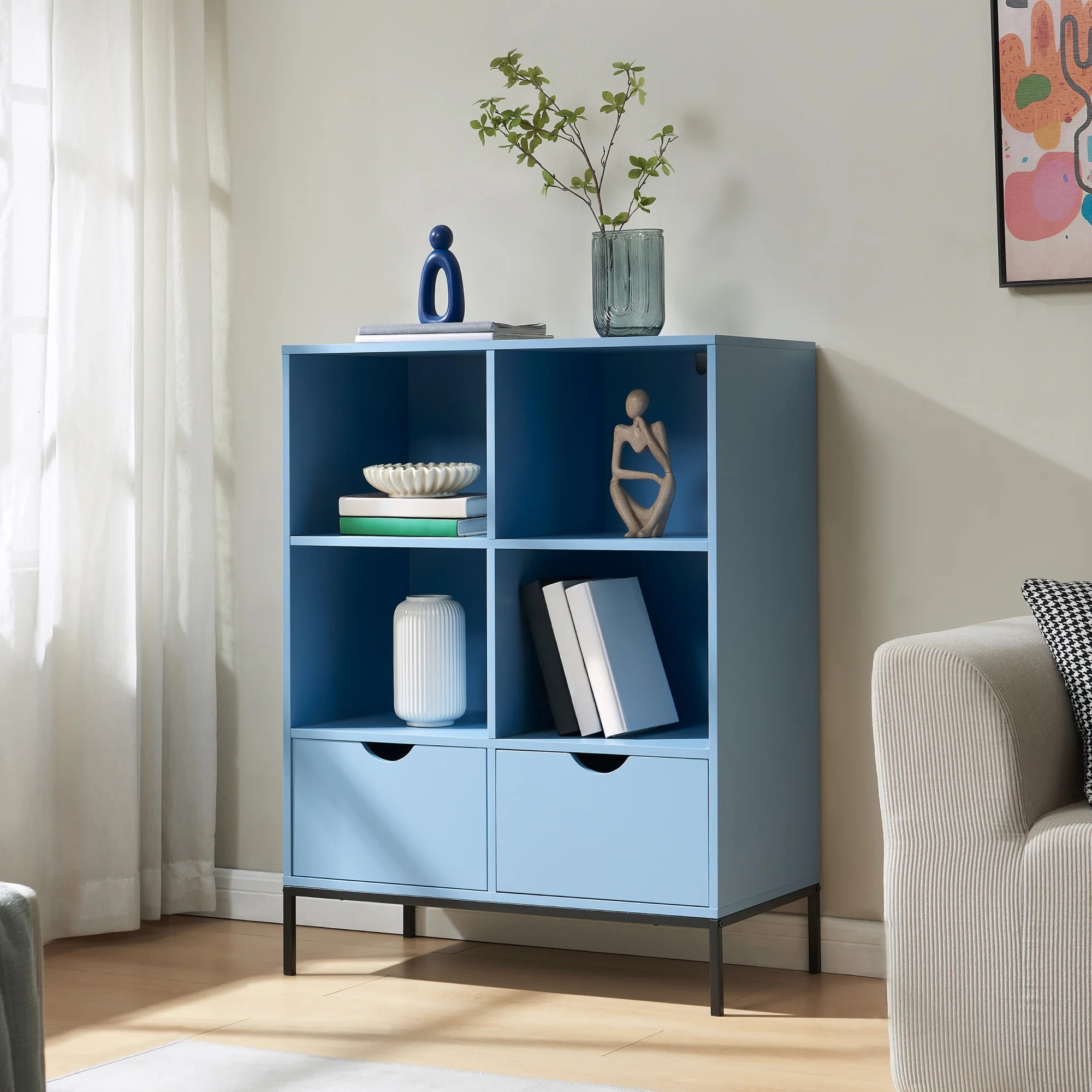 Bücherregal mit 2 Schubladen Colwyn 105x80x40 cm Blau [en.casa] - Image 2
