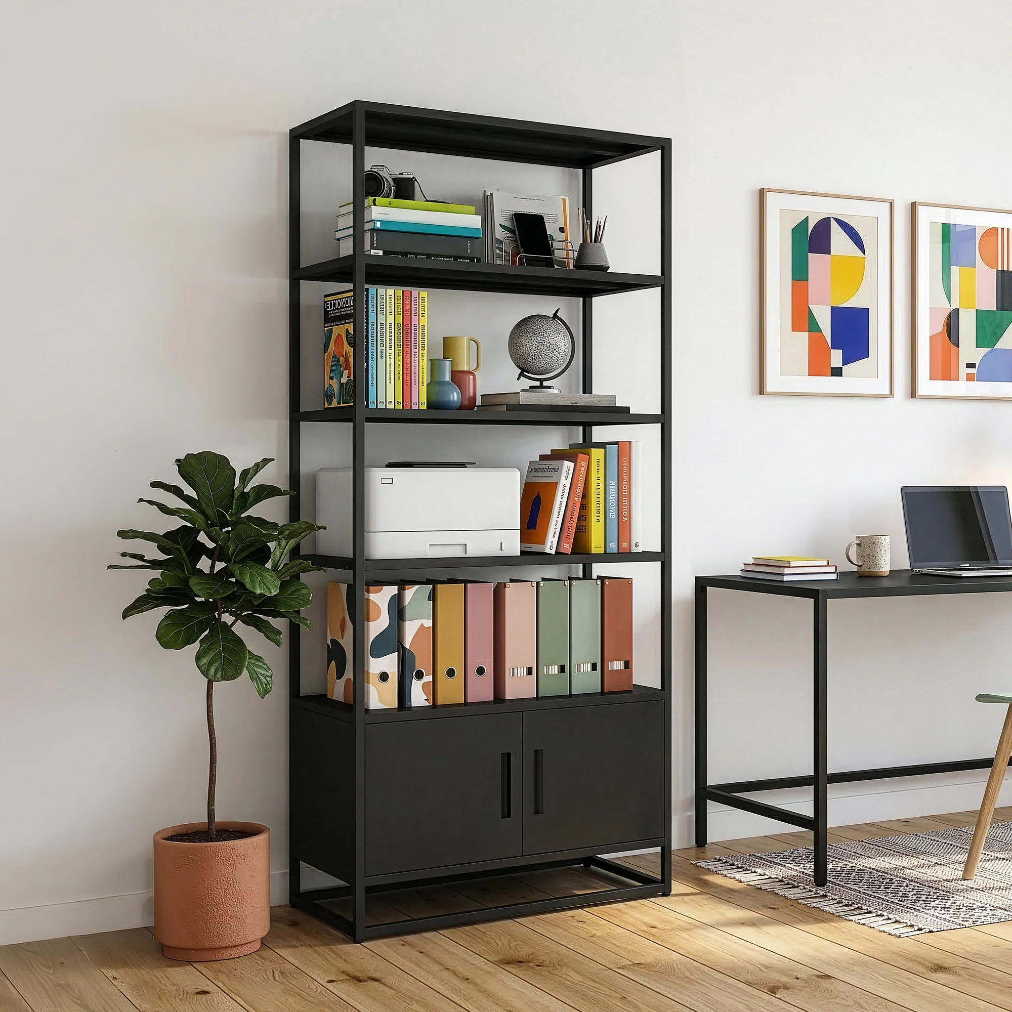 Bücherregal mit Schrank Hailuoto 80x40x180 cm Stahl Schwarz, matt [en.casa]
