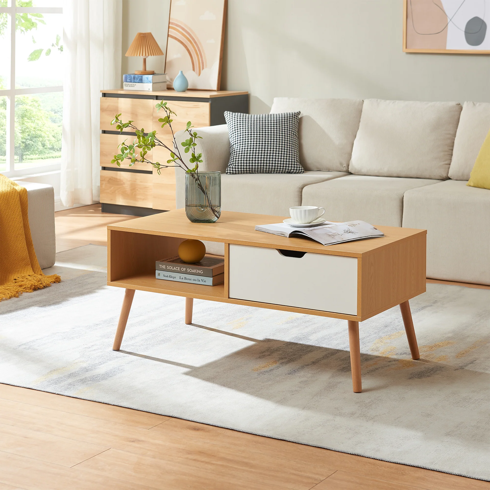 Couchtisch Bordkak mit Schublade 100x48x45 cm Eicheoptik/Weiß [en.casa] - Image 2