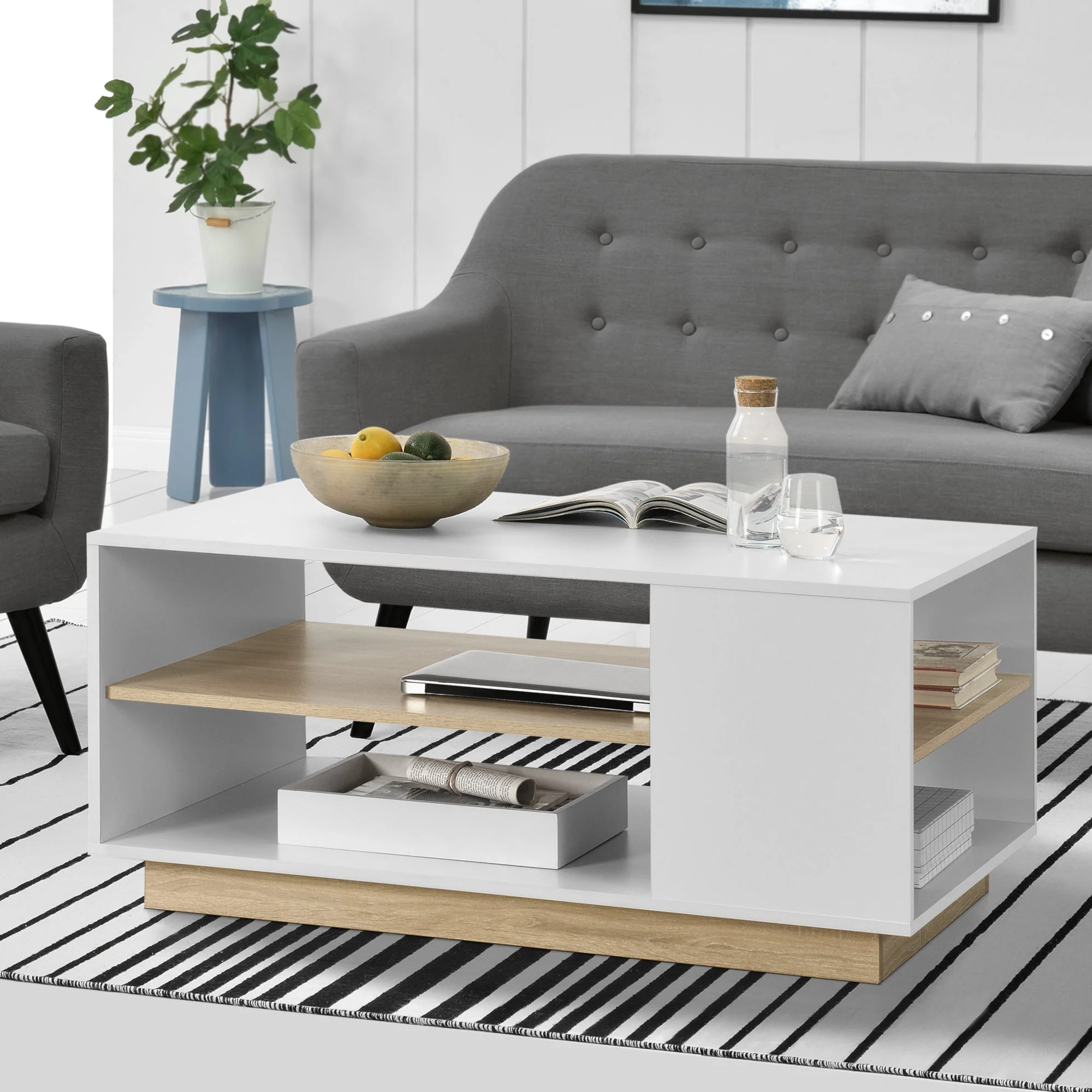 Couchtisch Trelleborg 100x60x46 cm mit 2 Ablagen Weiß/Eiche en.casa - Image 2
