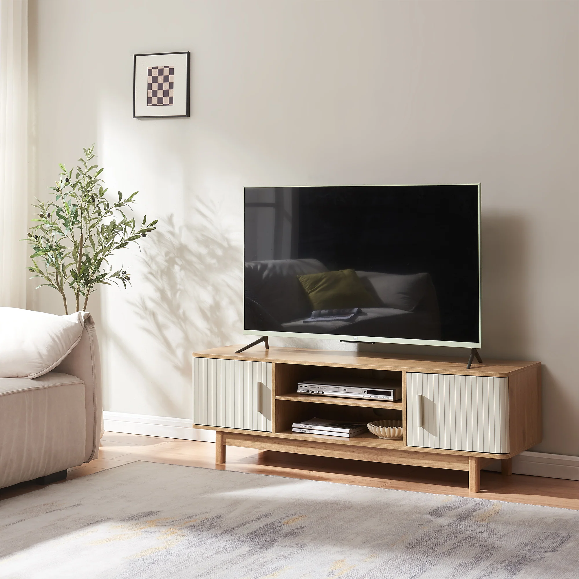 Fernsehschrank Ferrersp mit 2 Türen 140x40x45 cm Eicheoptik/Sandfarben [en.casa] - Image 2