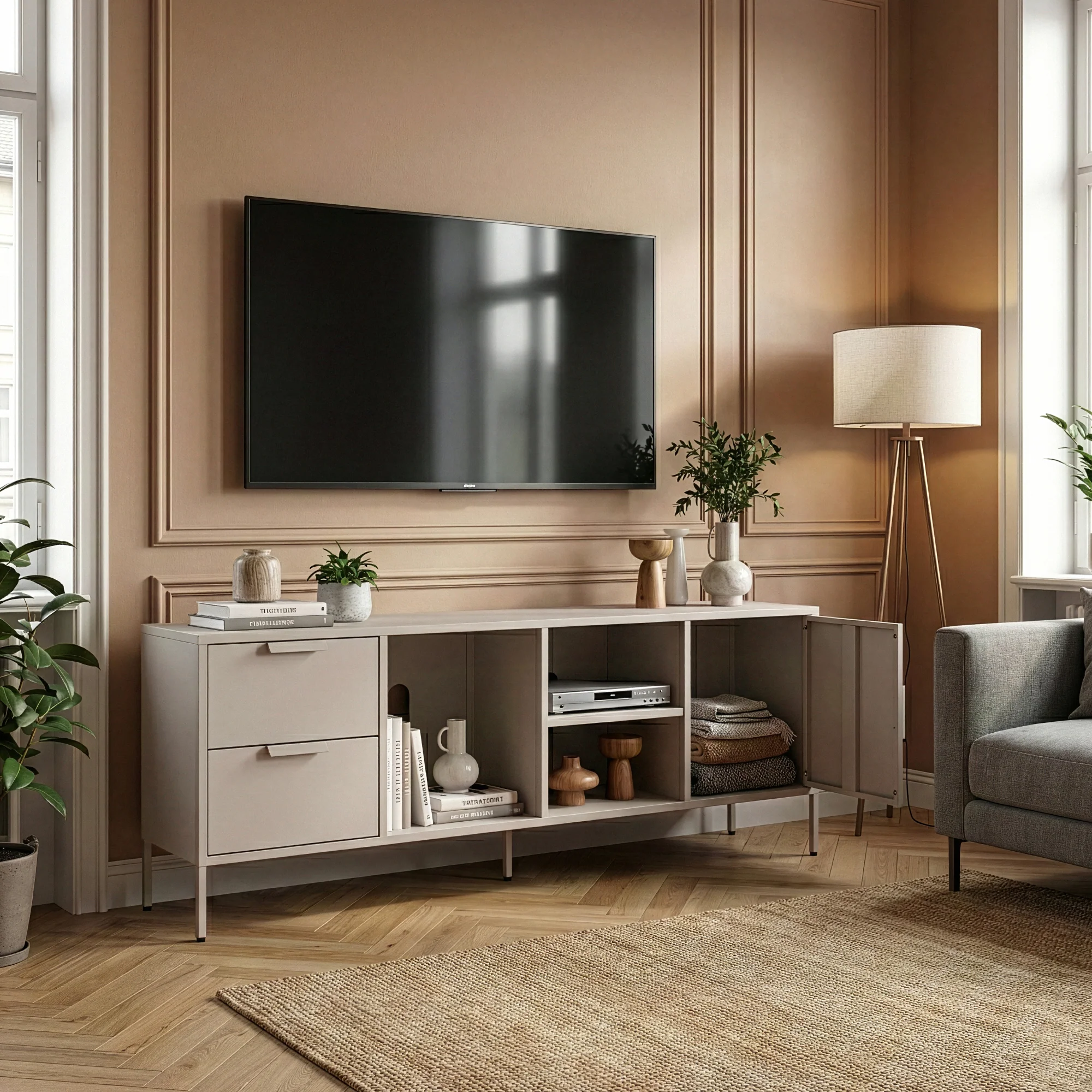 Fernsehschrank Kliri Stahl 150x35x58 cm Kamelfarben [en.casa] - Image 2