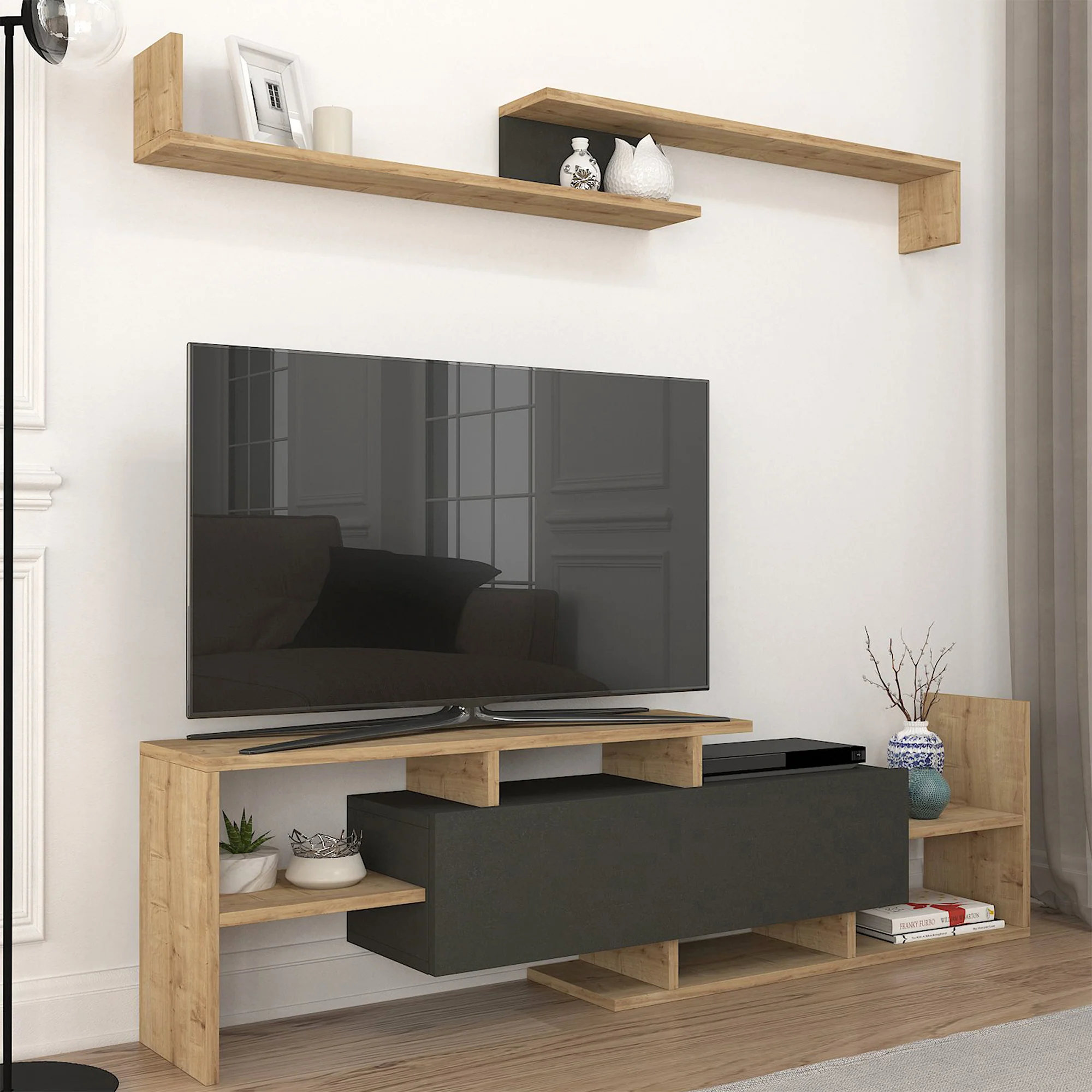 Fernsehschrank Liksefte mit Wandregal 154x28x42 cm [en.casa] - Image 3