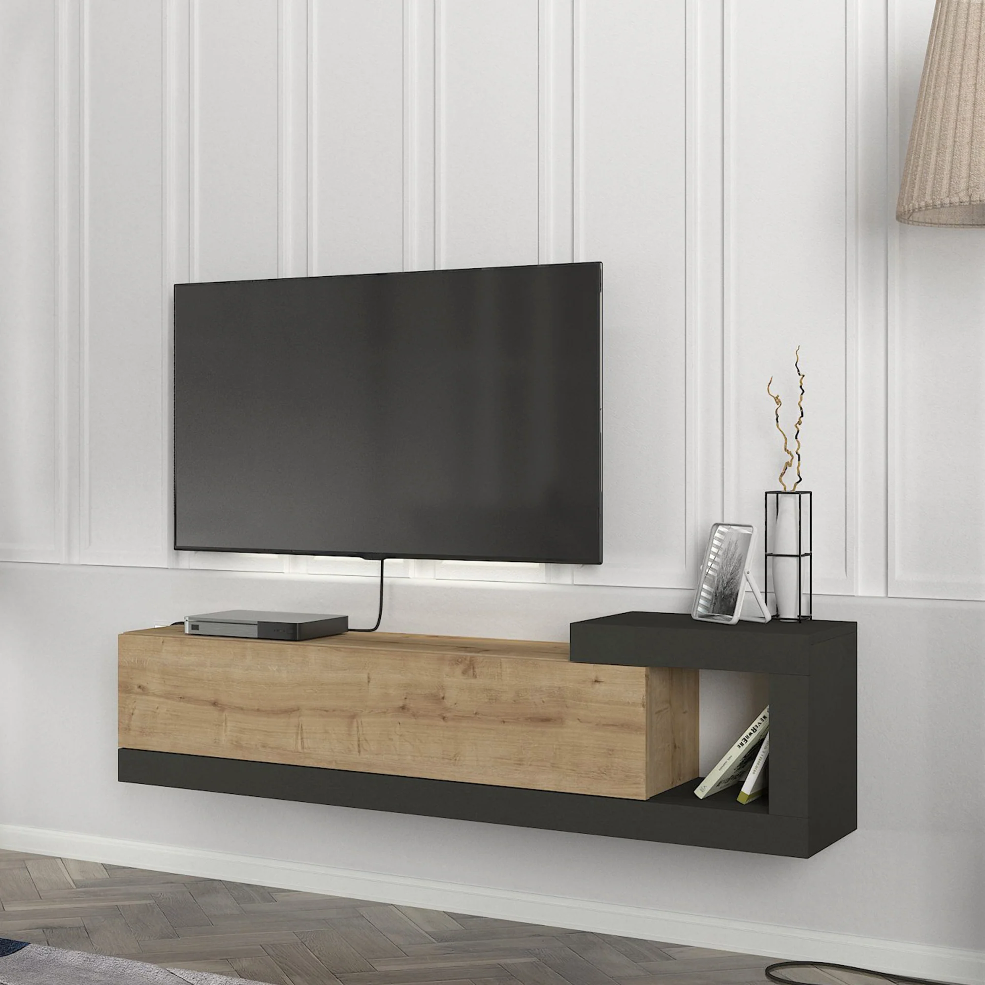 Fernsehschrank Luhanka 150x29,5x38,5cm Eiche in verschiedenen Farben [en.casa] - Image 3