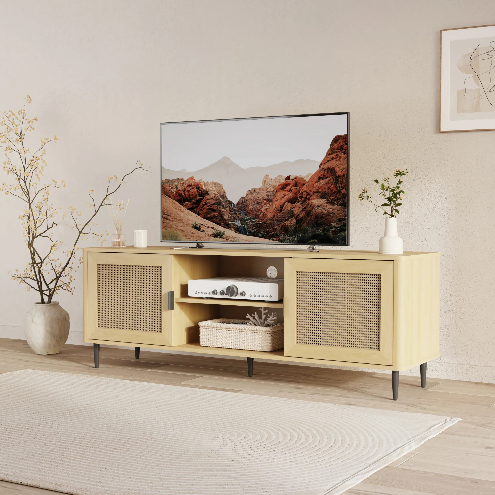 Fernsehschrank Lukhomso 152x40x54 cm Eicheoptik/Rattanoptik [en.casa] - Image 2