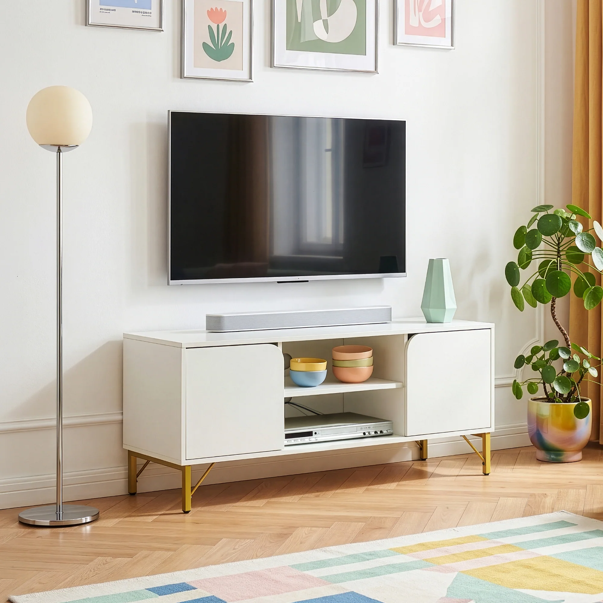 Fernsehschrank Reyri 120x39x52 cm Weiß/Goldfarben [en.casa] - Image 2