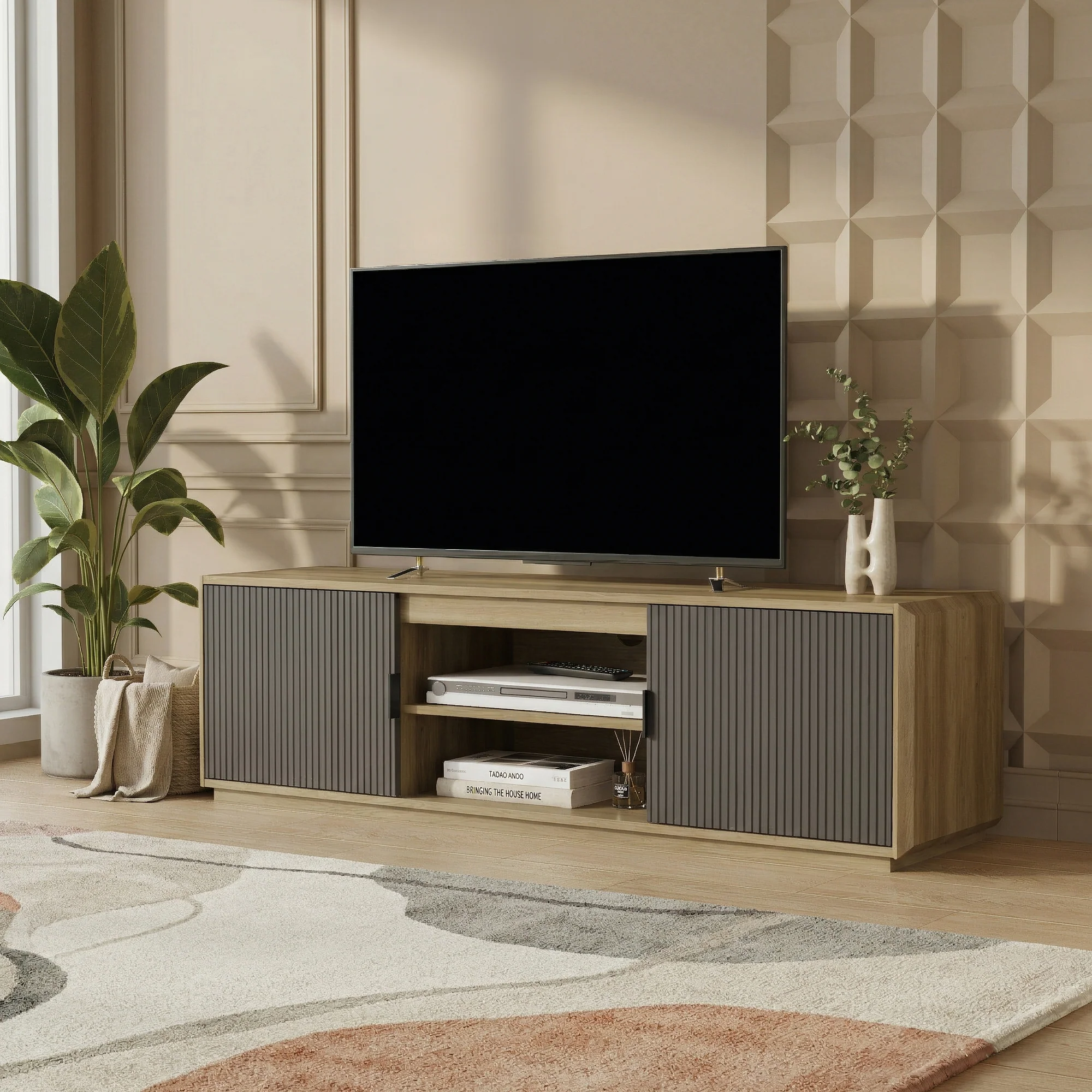 Fernsehschrank Trömi 150x40x43 cm Eicheoptik/Grau [en.casa] - Image 2