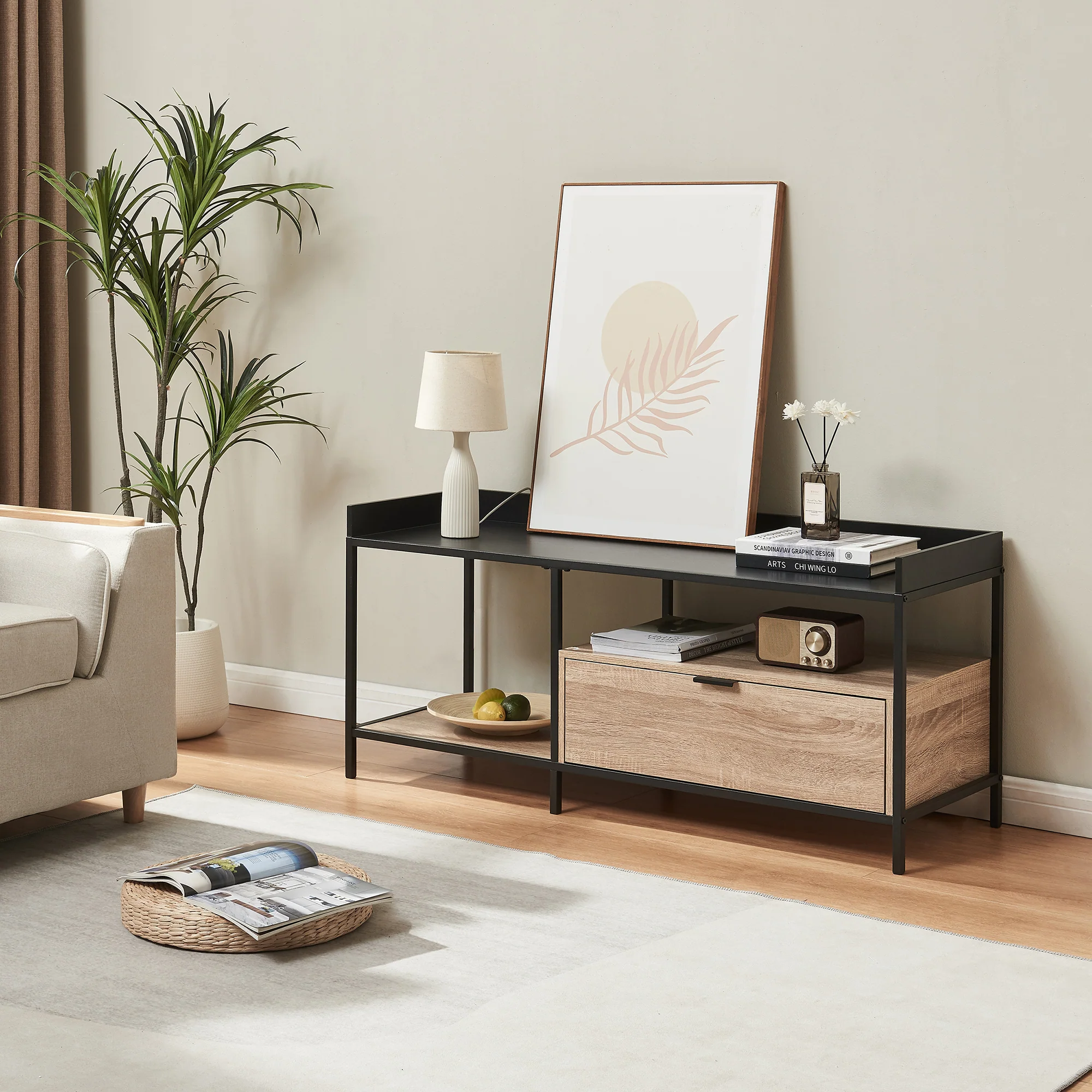 Fernsehtisch Belana 120x40x54 cm Schwarz/Eicheoptik [en.casa]