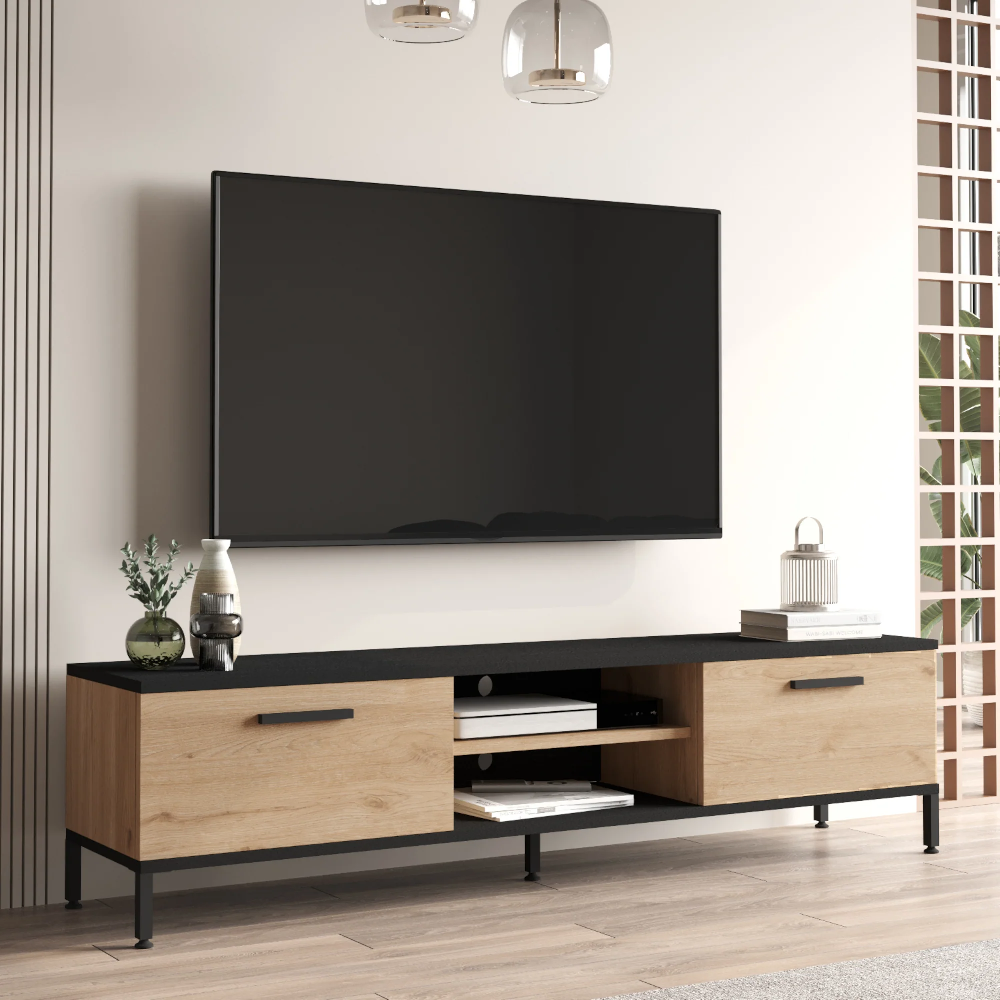 Fernsehtisch Lempäälä mit 2 Ablagefächern 160 x 35 x 39 cm in versch. Farben [en.casa] - Image 2