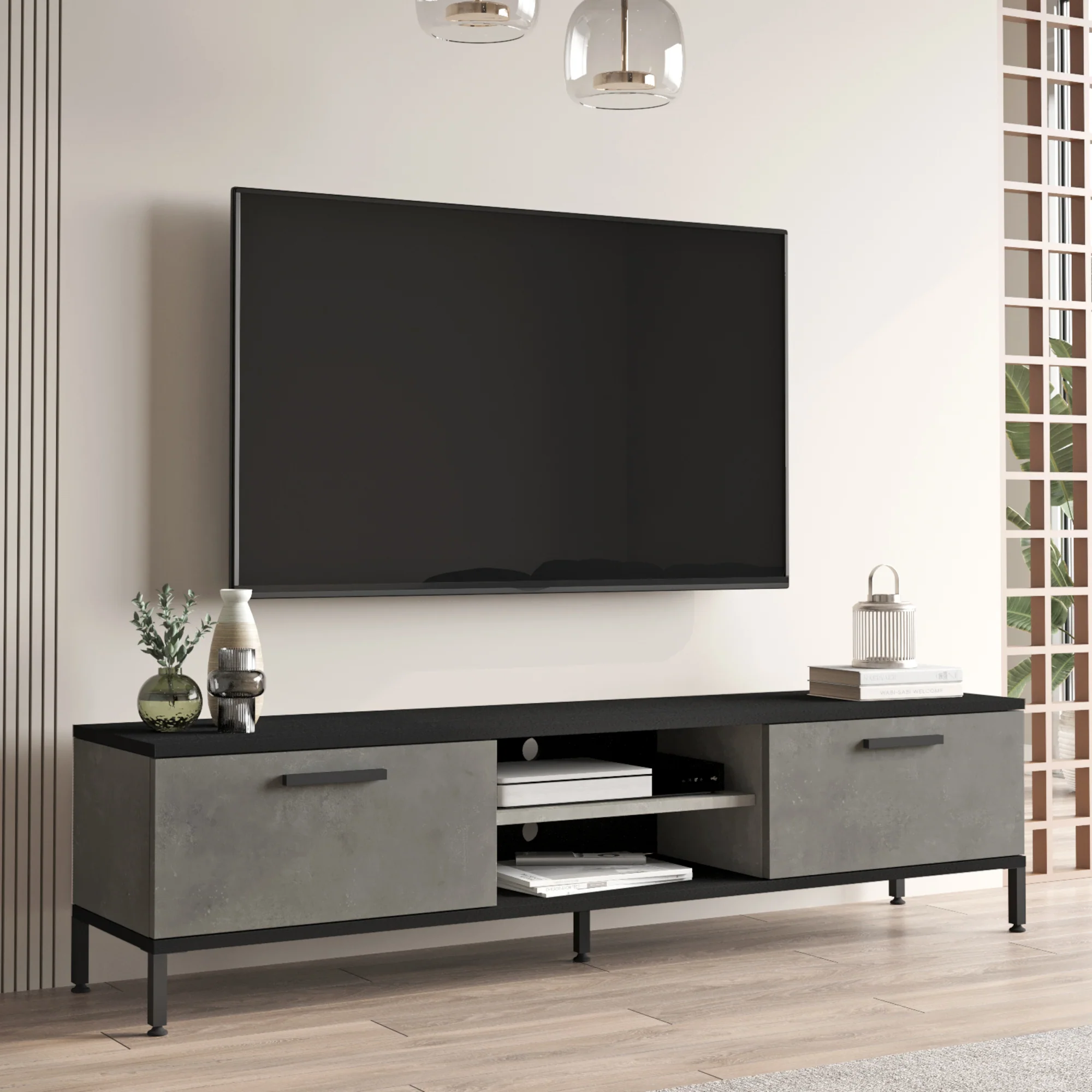 Fernsehtisch Lempäälä mit 2 Ablagefächern 160 x 35 x 39 cm in versch. Farben [en.casa] - Image 3