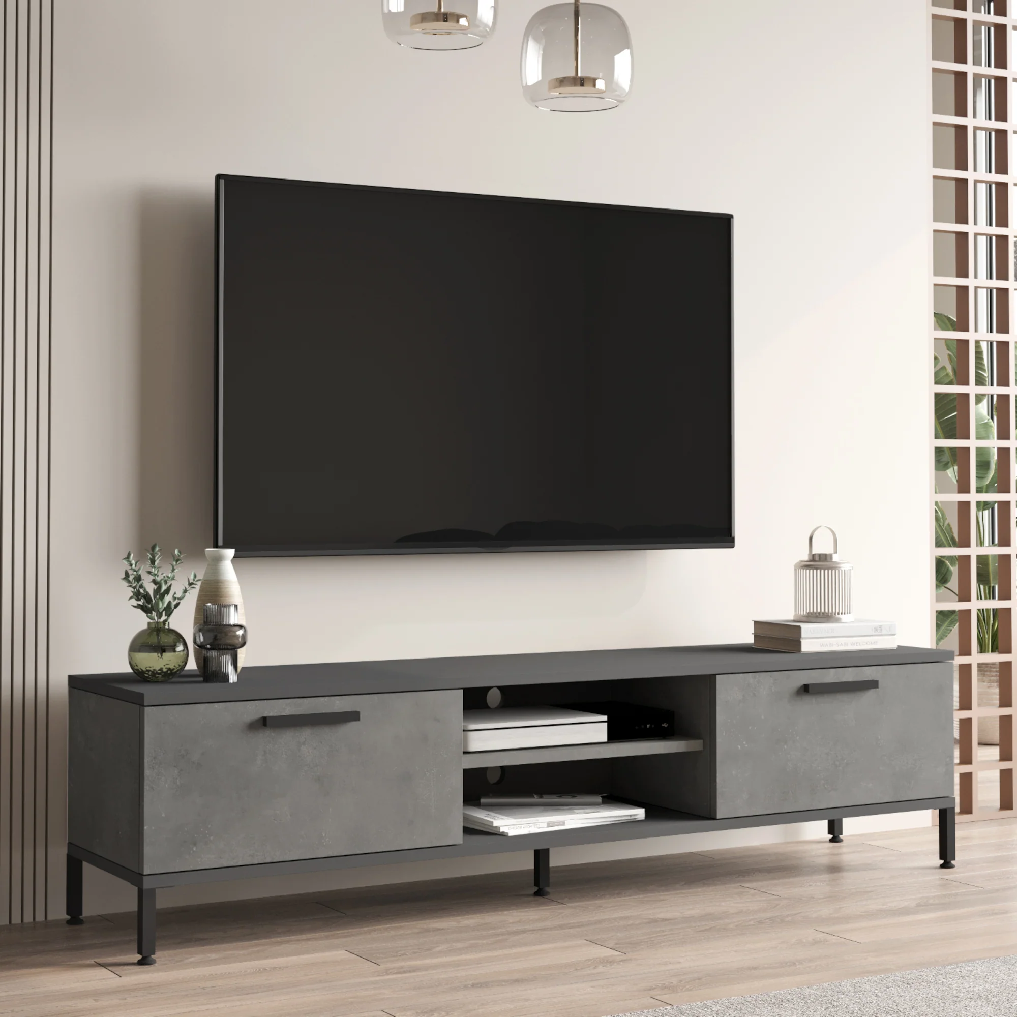 Fernsehtisch Lempäälä mit 2 Ablagefächern 160 x 35 x 39 cm in versch. Farben [en.casa] - Image 4