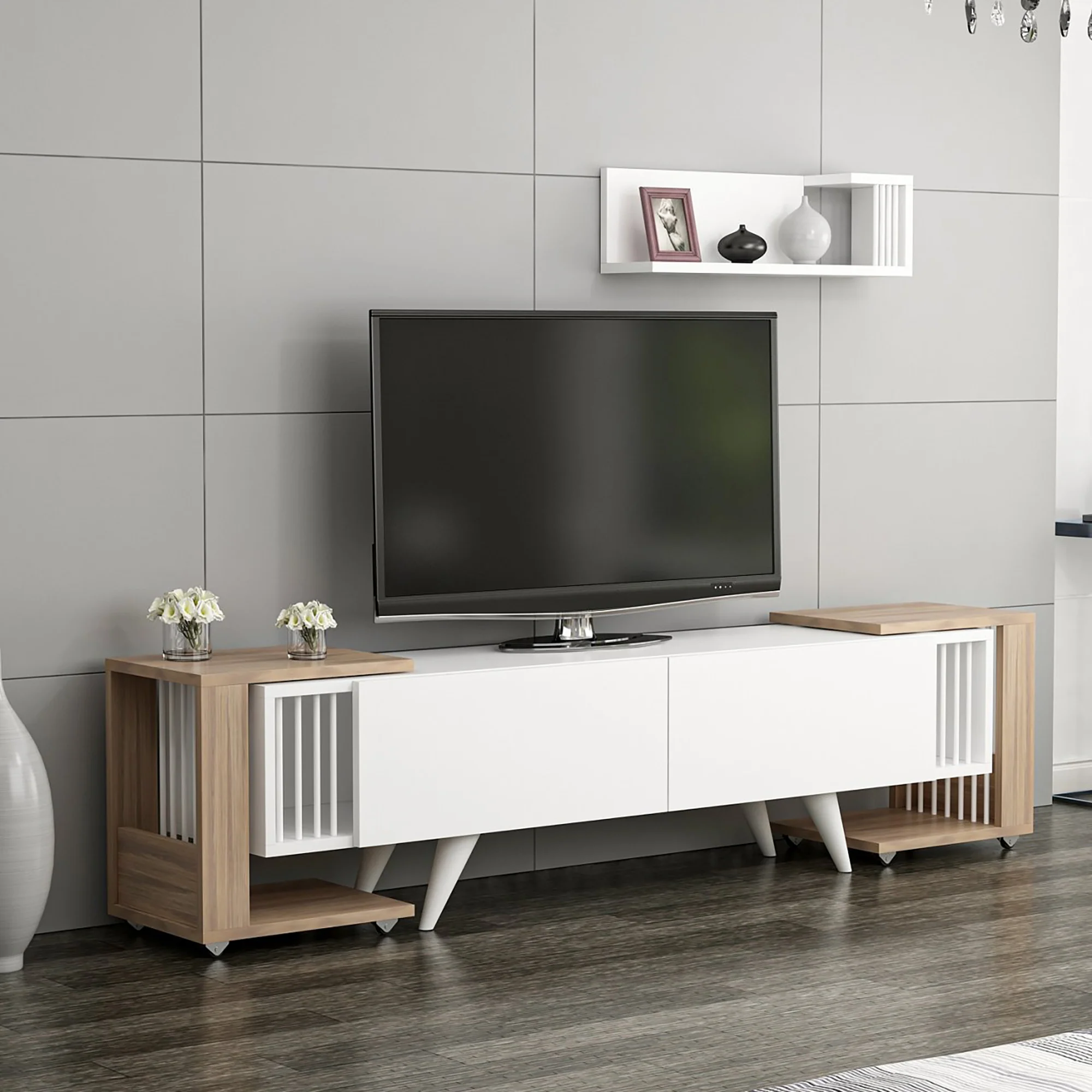 Fernsehtisch mit Regal und 2 Beistelltischen Glostrup Eicheoptik / Weiß [en.casa]