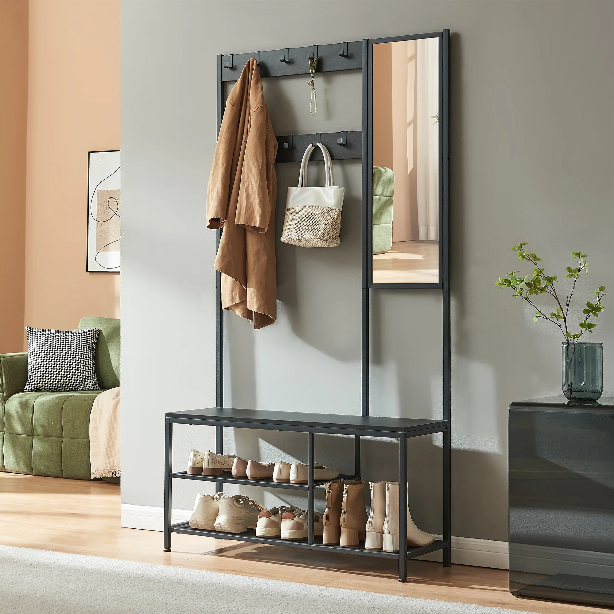 Garderobenständer Napinerg mit Spiegel und Schuhregal 185x98x34 cm [en.casa] - Image 3