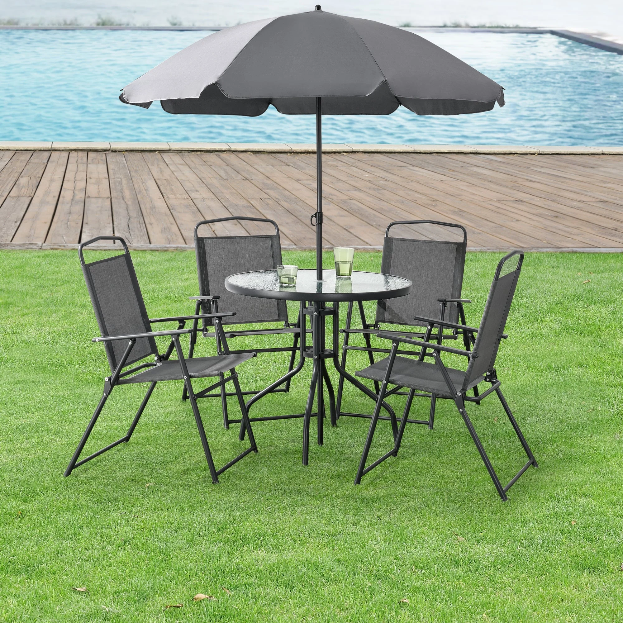 Gartenmöbel-Set Milagro Stühle mit Tisch 4 Stühlen und Sonnenschirm Schwarz Dunkelgrau en.casa - Image 2