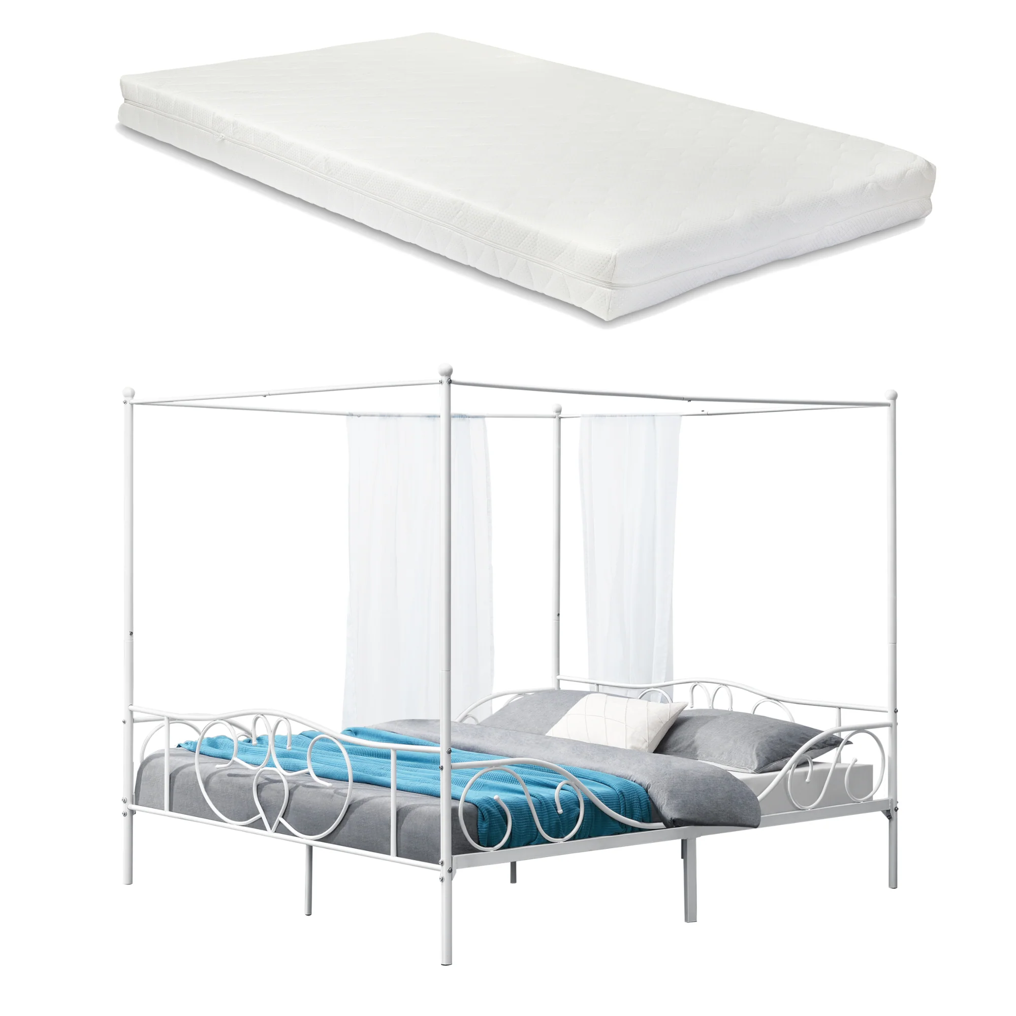 Himmelbett Finström aus Stahl mit Kaltschaummatratze [en.casa] - Image 4