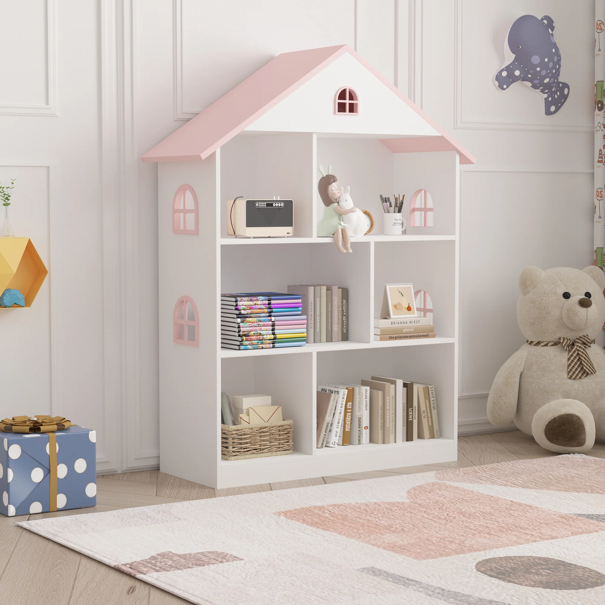 Kinderregal Vipsali 107x83x30 cm Weiß/Rosa [en.casa]