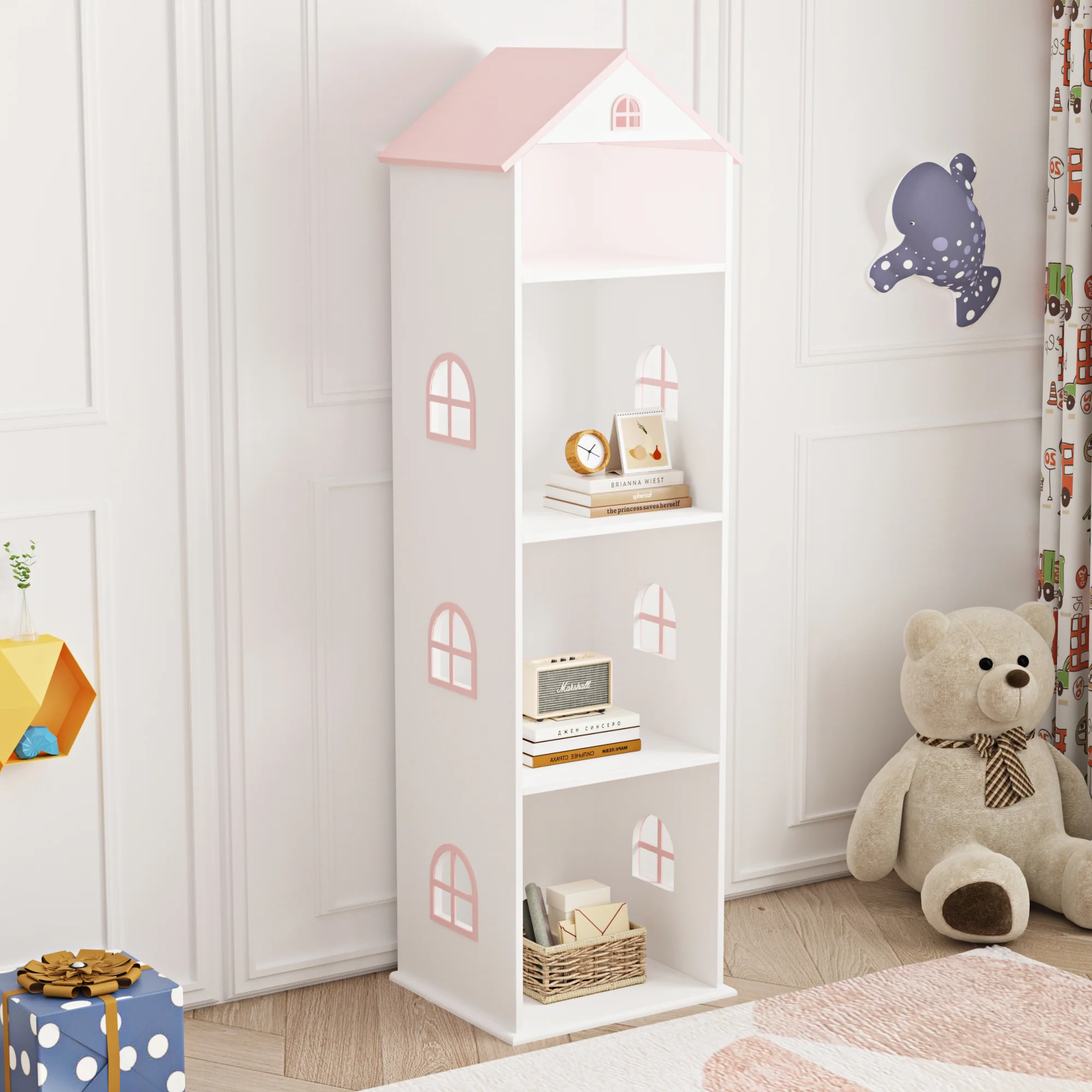Kinderregal Vipsali 140x40x35 cm Weiß/Rosa [en.casa]