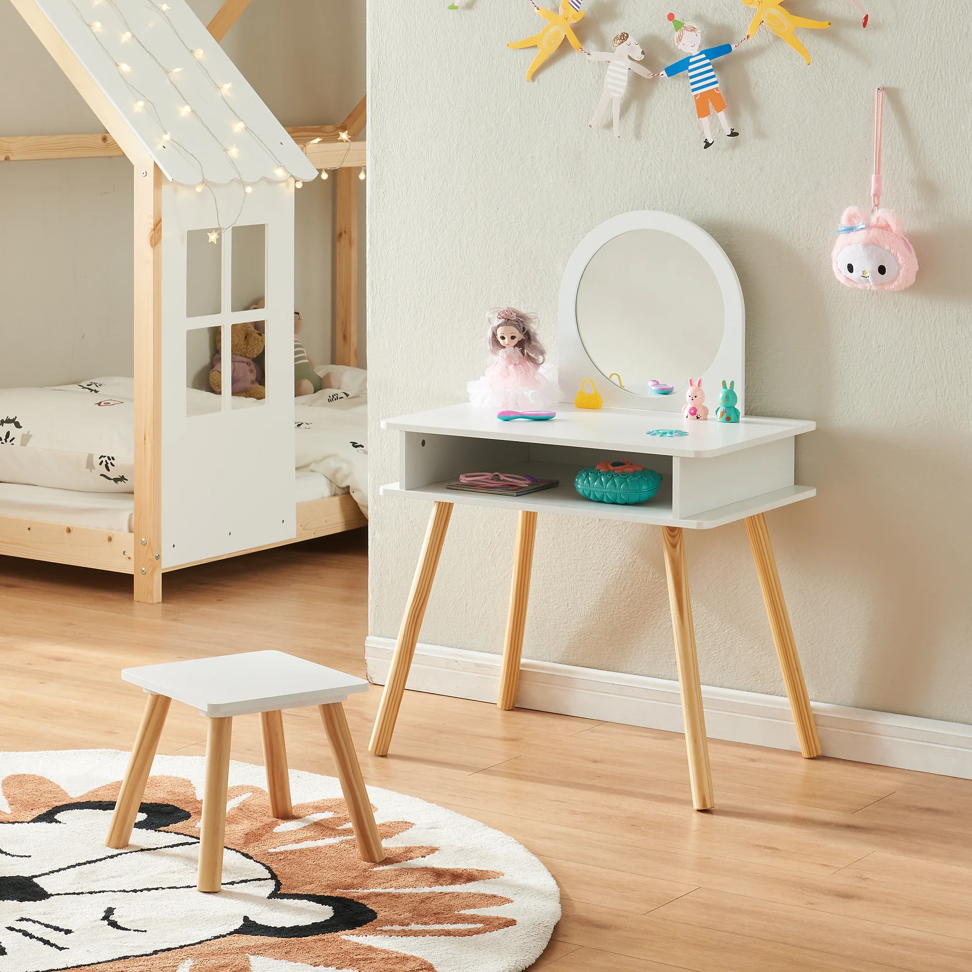 Kinderschminktisch mit Hocker Ovanåker Weiß/Natur [en.casa]