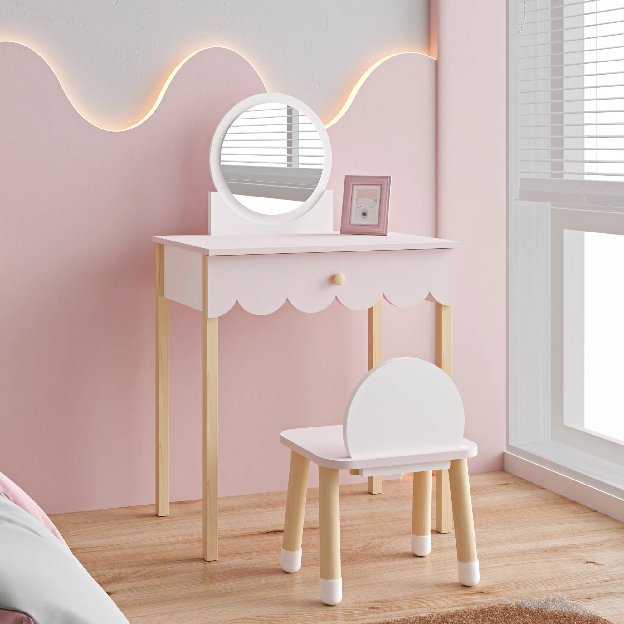 Kinderschminktisch mit Stuhl Vestnes Cotton Candy/Weiß [en.casa]