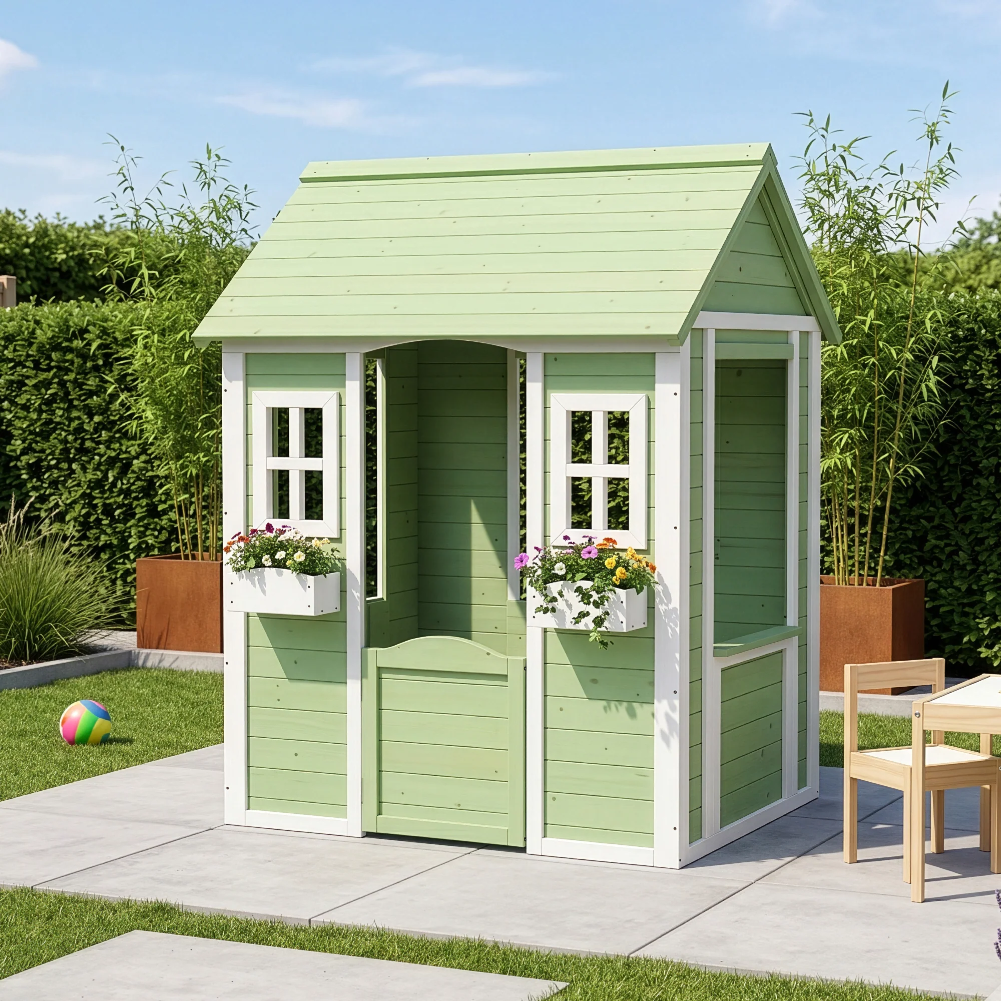 Kinderspielhaus Kuoldsvin Tannenholz 144x102x90 cm Grün/Weiß [en.casa] - Image 2
