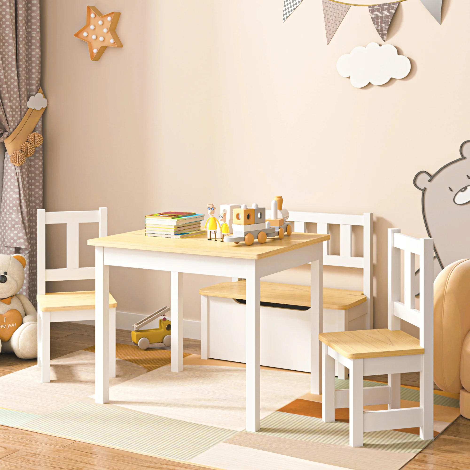 Kindertischset Lousame Kiefernholz Natur / Weiß [en.casa]
