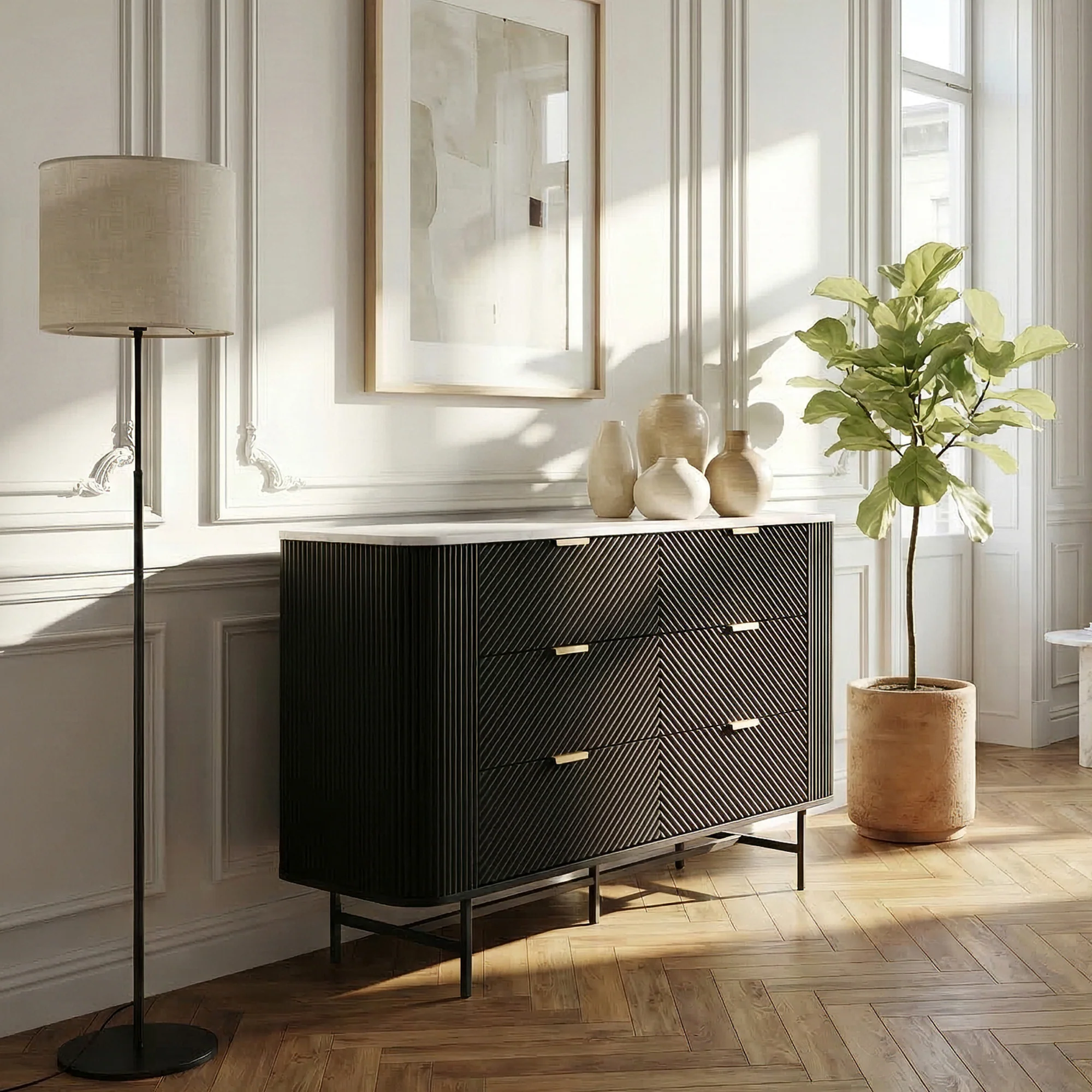 Kommode Olvehok 120x40x81 cm Schwarz/Marmoroptik, weiß [en.casa] - Image 2