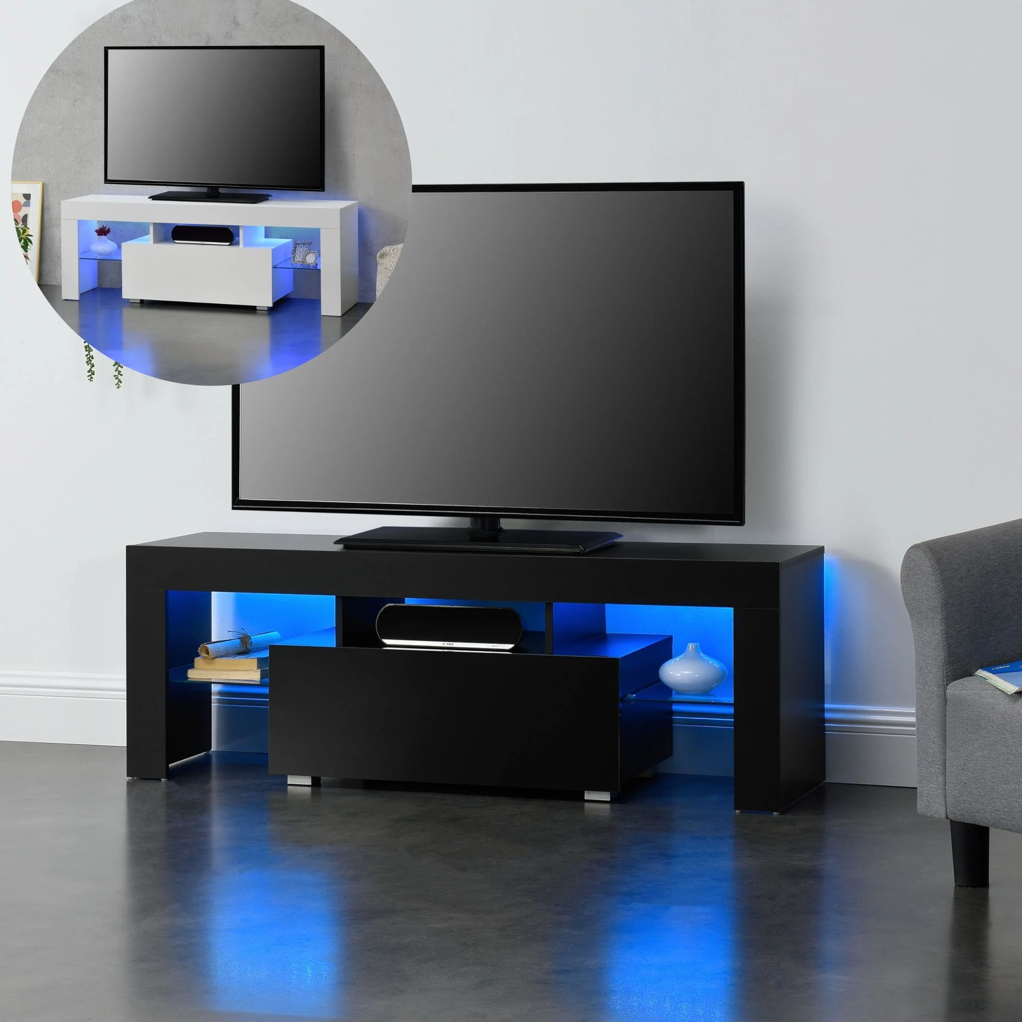 LED-Fernsehtisch Grimsey 130x35x45 cm mit Schublade Glasablage Weiß/Schwarz en.casa