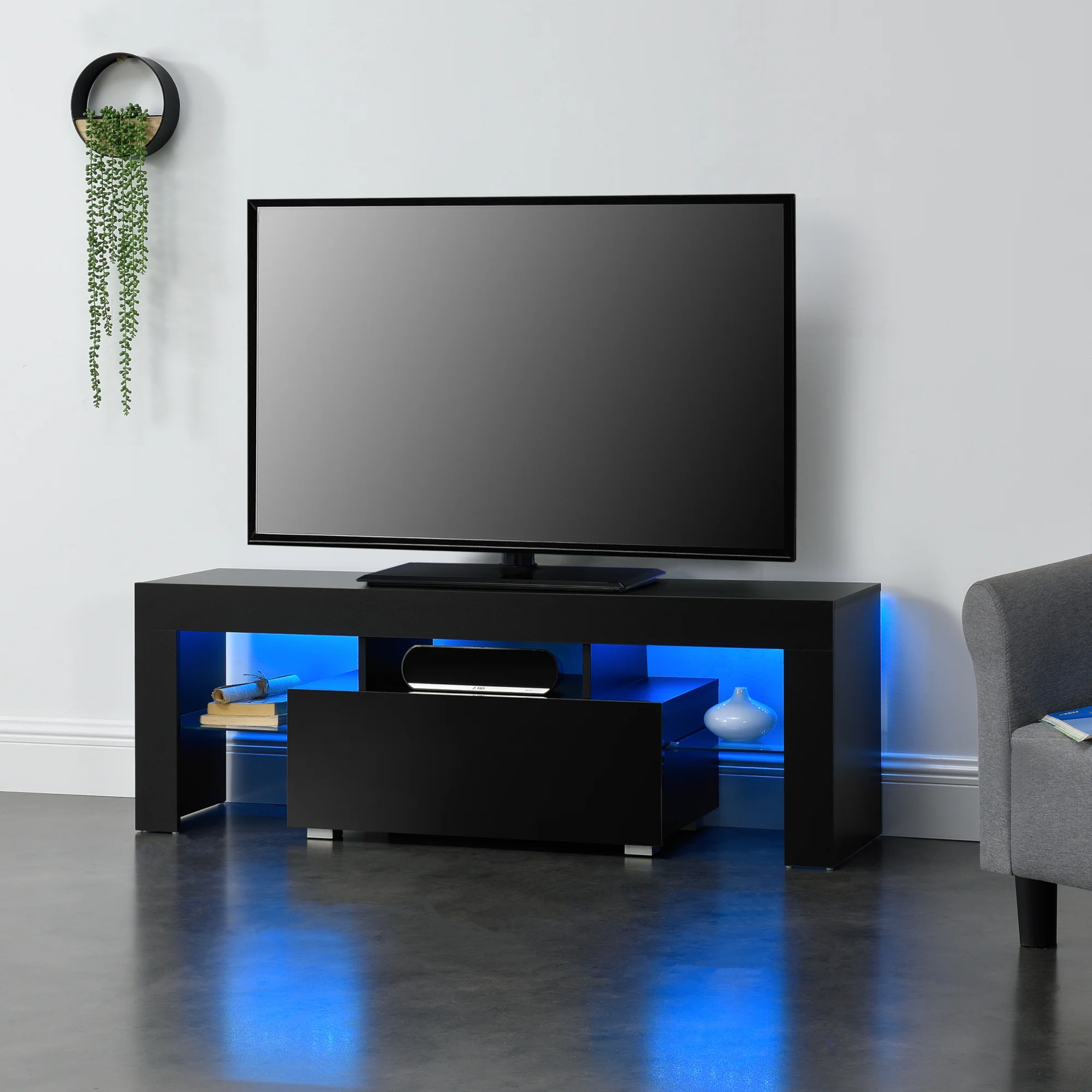 LED-Fernsehtisch Grimsey 130x35x45 cm mit Schublade Glasablage Weiß/Schwarz en.casa - Image 2