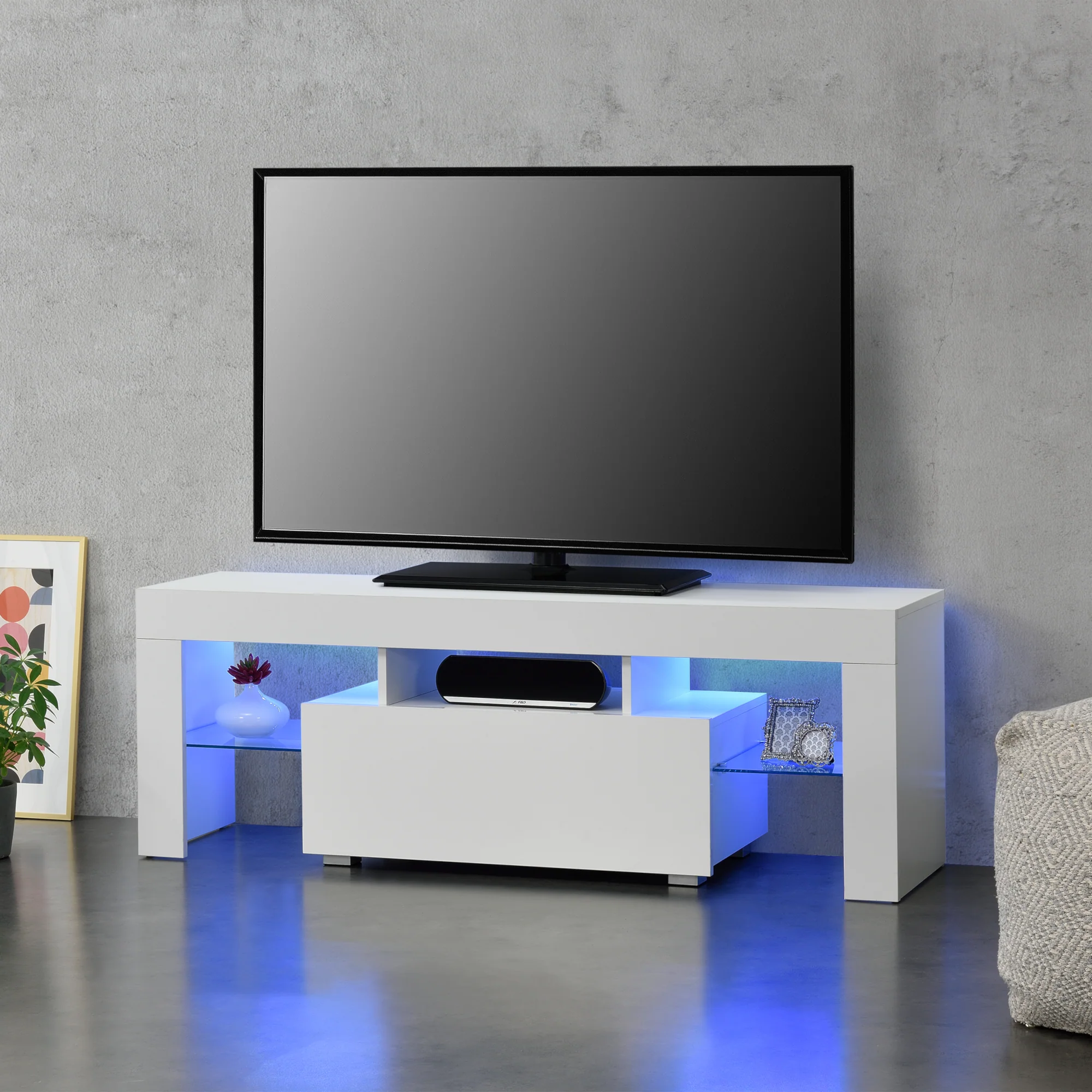 LED-Fernsehtisch Grimsey 130x35x45 cm mit Schublade Glasablage Weiß/Schwarz en.casa - Image 3