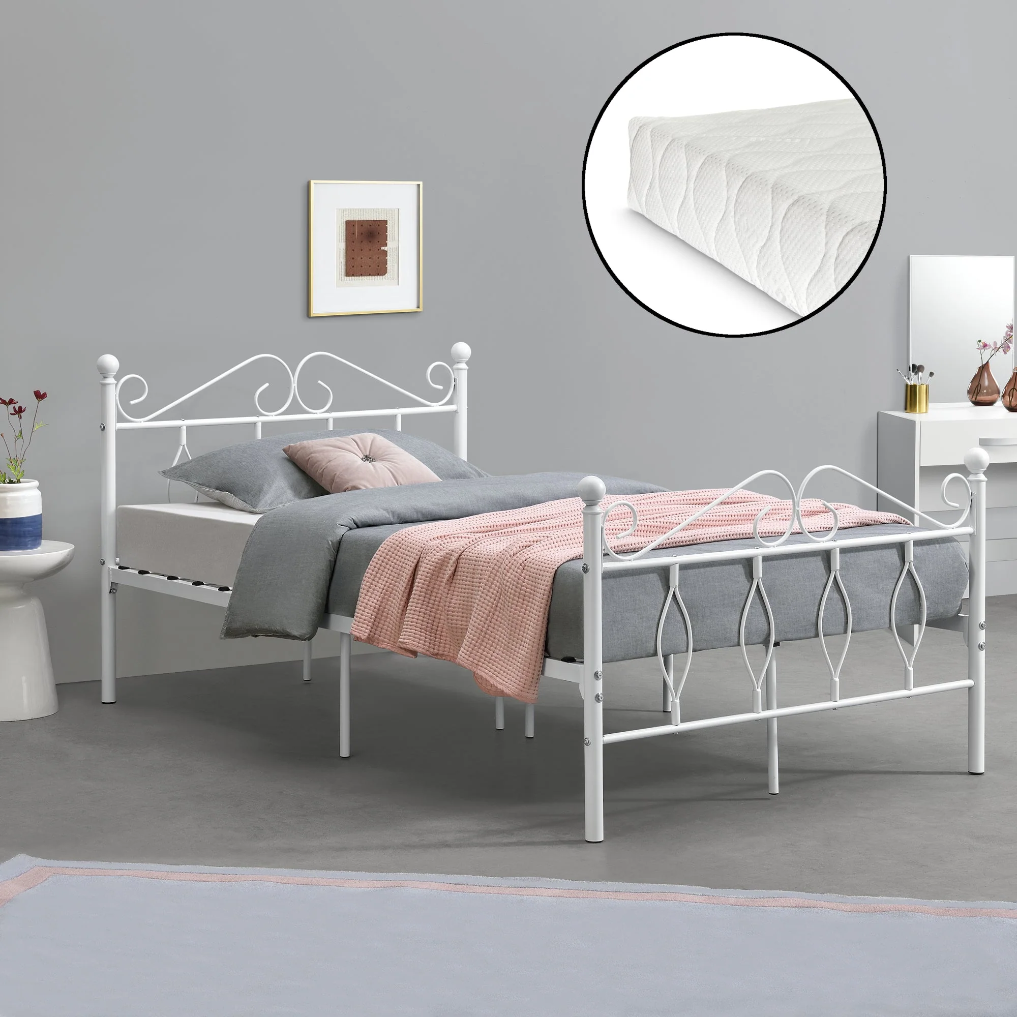 Metallbett Apolda mit Matratze versch. Größen bis 300kg Weiß [en.casa] - Image 6