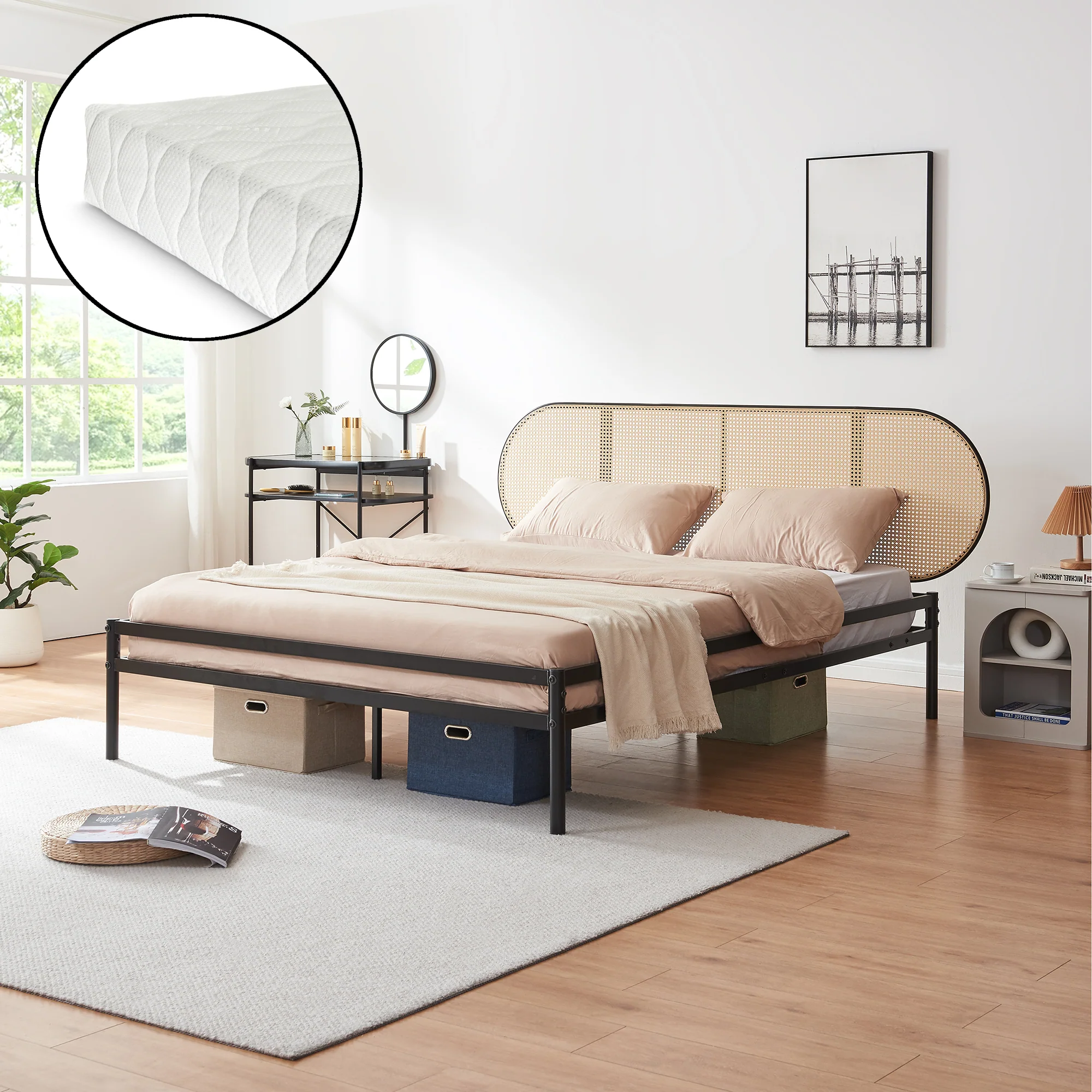 Metallbett Linköping mit ovalem Kopfteil und Matratze [en.casa]