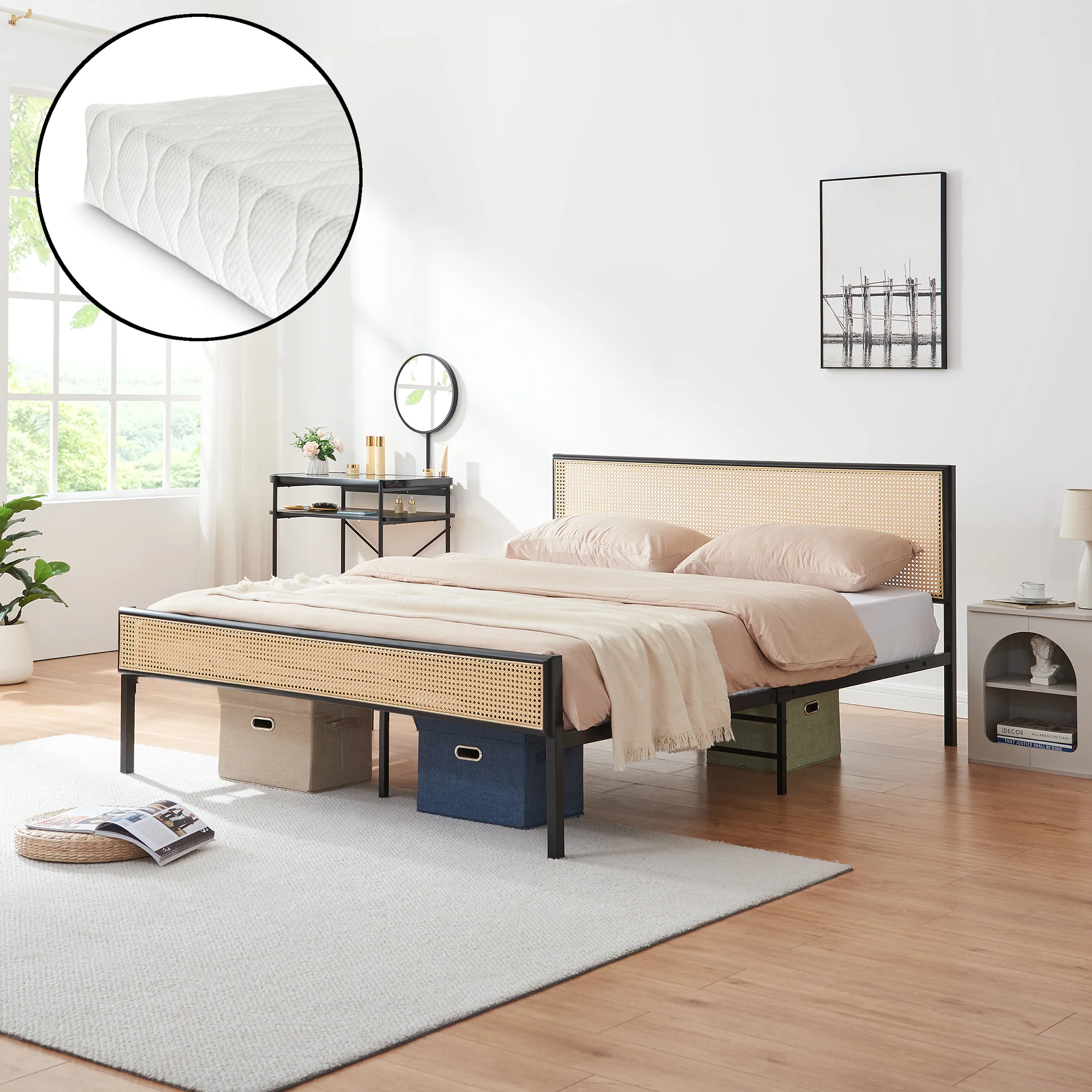 Metallbett Linköping mit rechteckigem Kopfteil und Matratze [en.casa] - Image 3