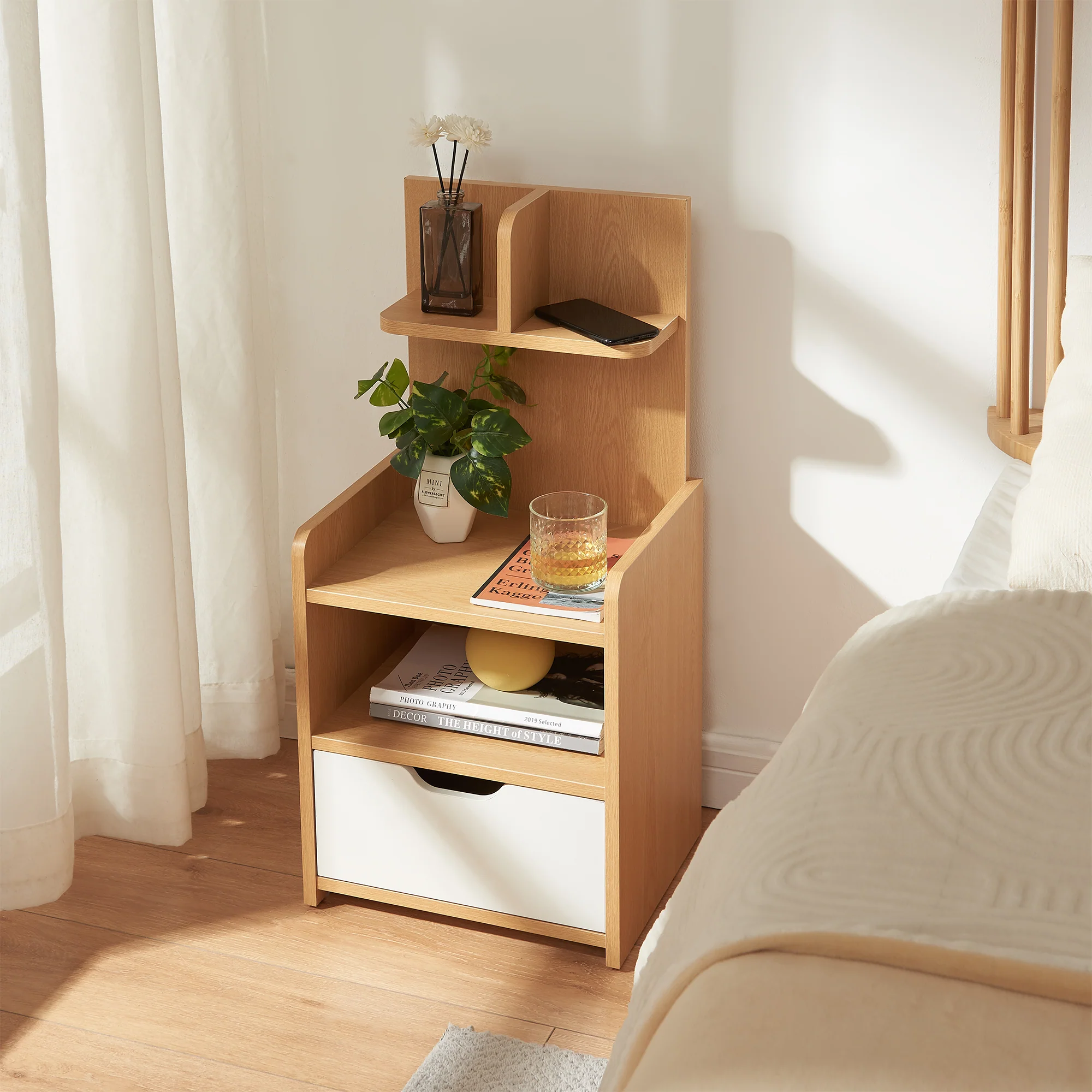 Nachttisch Bordkak mit Regal 75x35x30 cm Eicheoptik/Weiß [en.casa] - Image 2