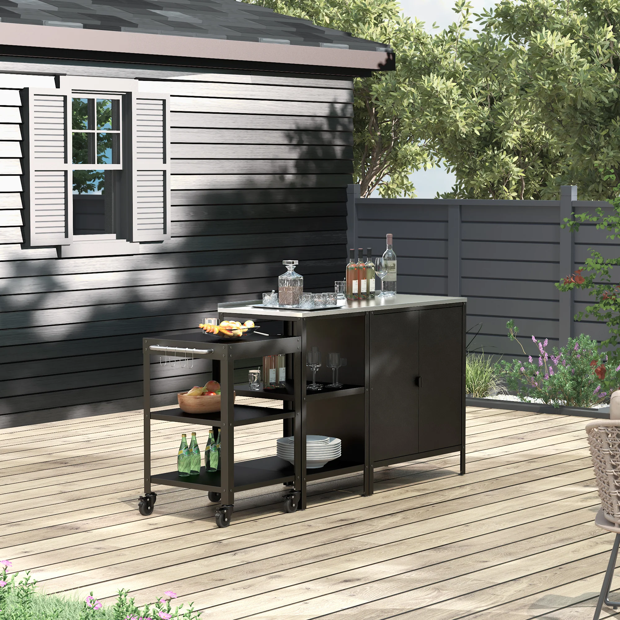 Outdoorset Bolognano Standregal Schrank und Servierwagen Schwarz, matt [casa.pro]