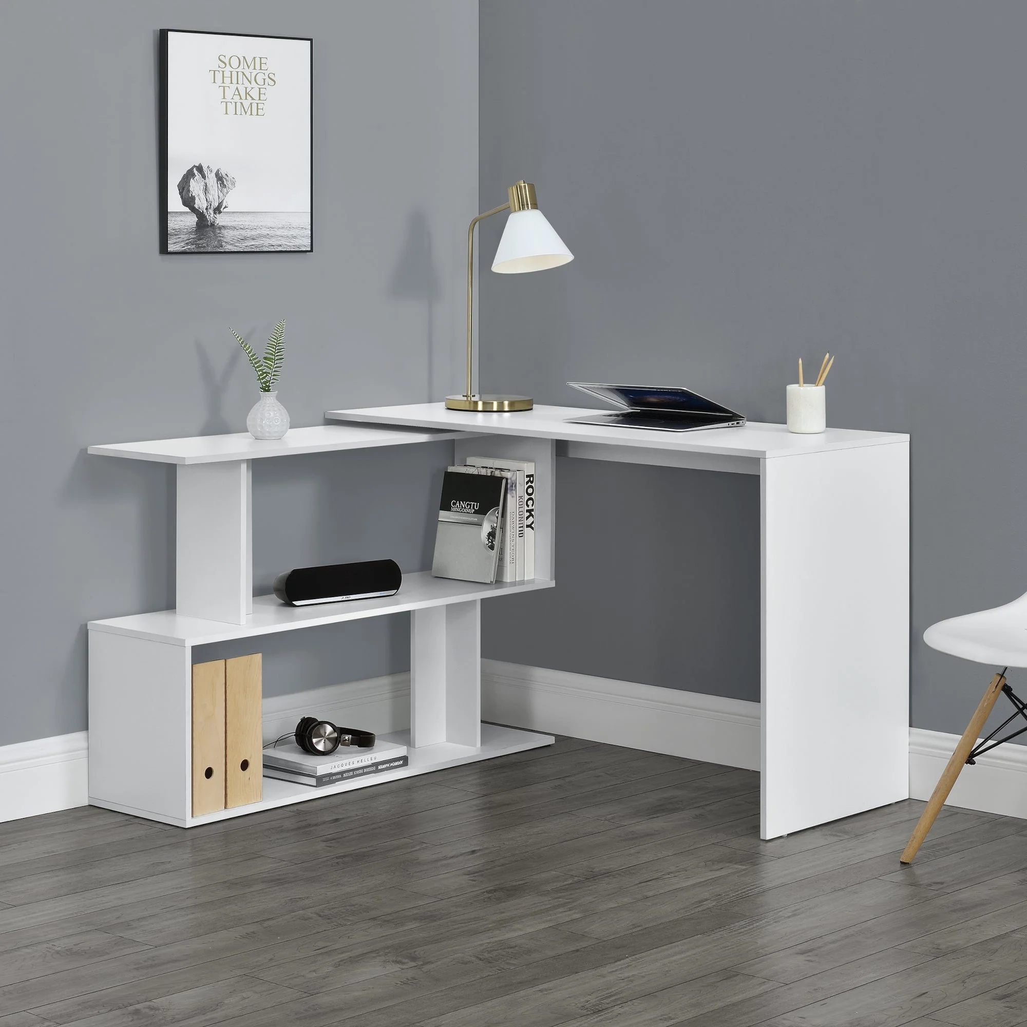 Schreibtisch Arendal mit Regal L-förmig Dunkelgrau/Weiß en.casa - Image 4