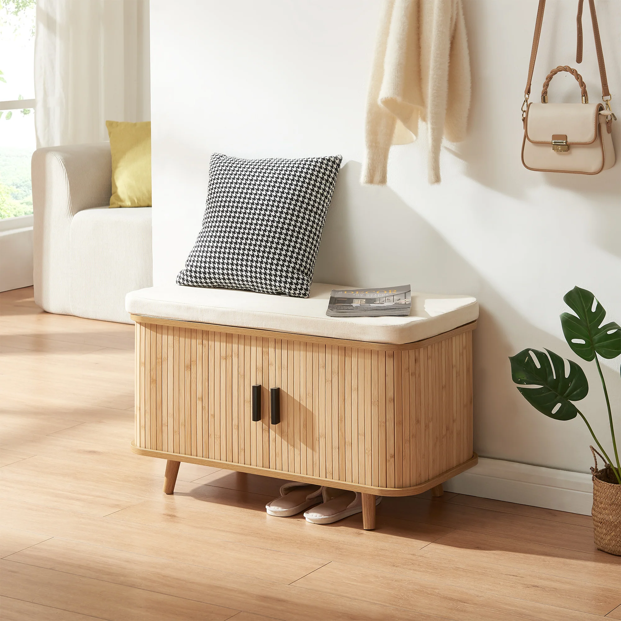 Schuhschrank mit Sitzkissen Tvedestrand 50x80x40 cm Bambus/Beige [en.casa] - Image 3