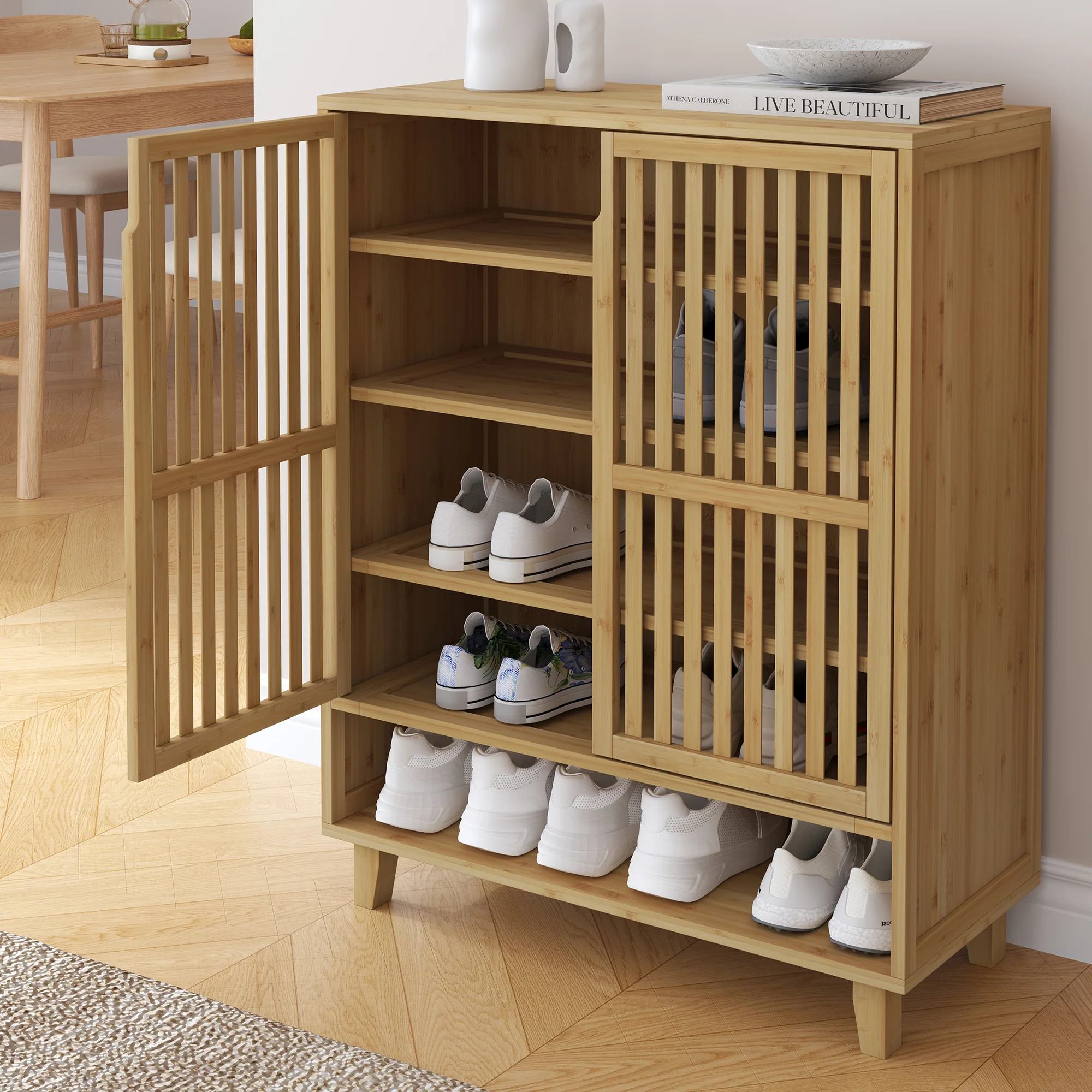 Schuhschrank Sirgerg 91x72x35 cm Bambus Natur [en.casa] - Image 2