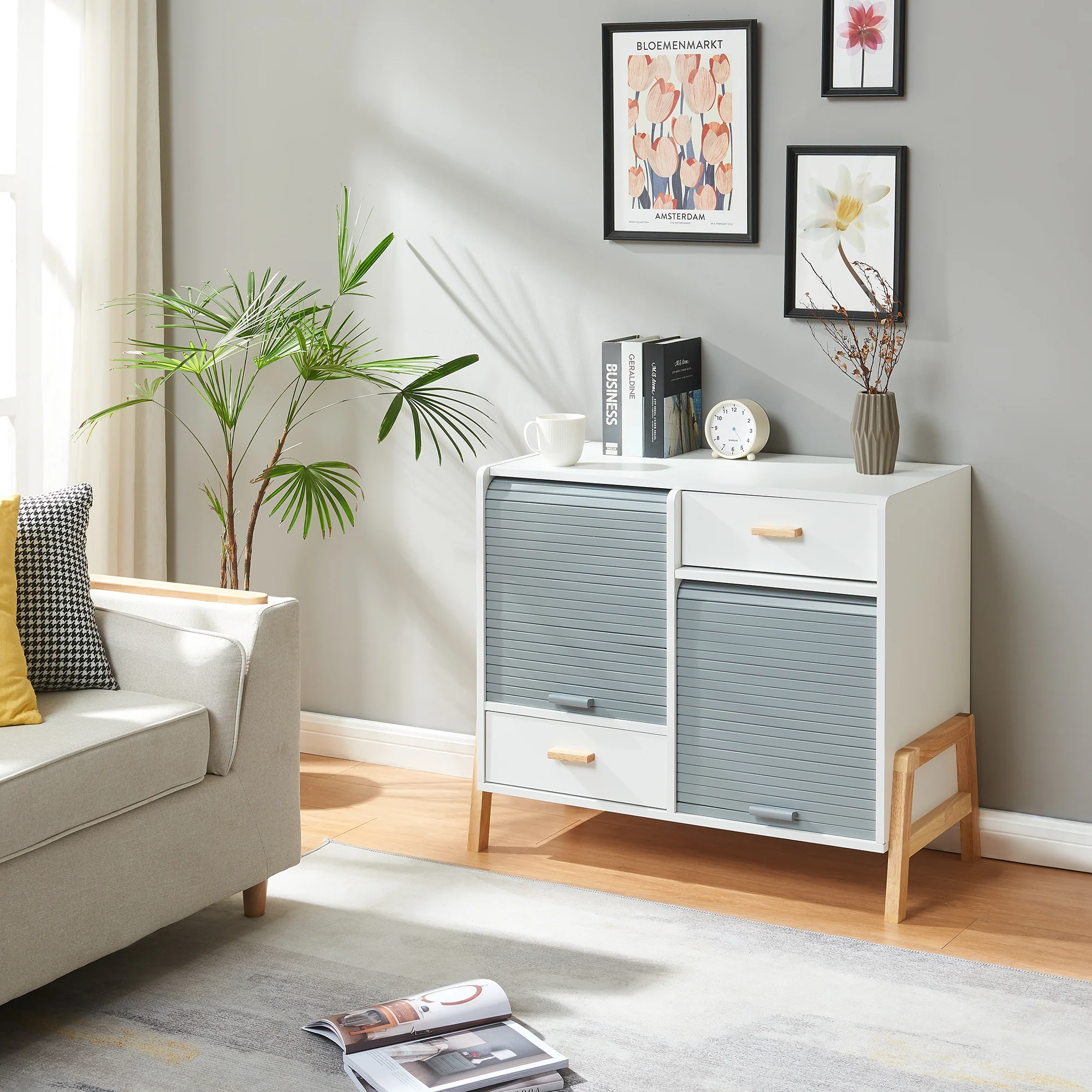 Sideboard Kvaefjord mit Jalousietüren Weiß/Grau [en.casa] - Image 3