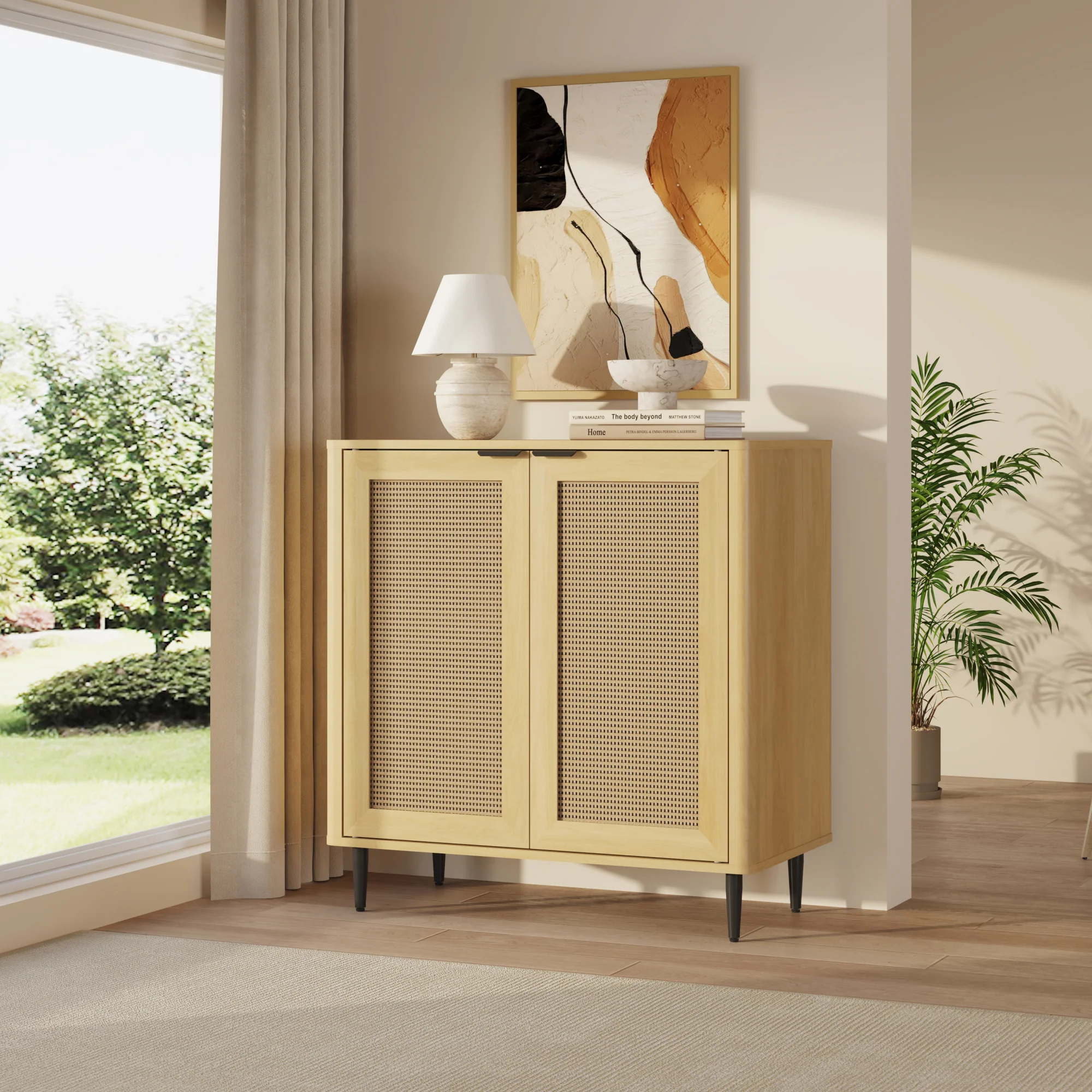 Sideboard Lukhomso 83x80x40 cm Eicheoptik/Rattanoptik [en.casa] - Image 2