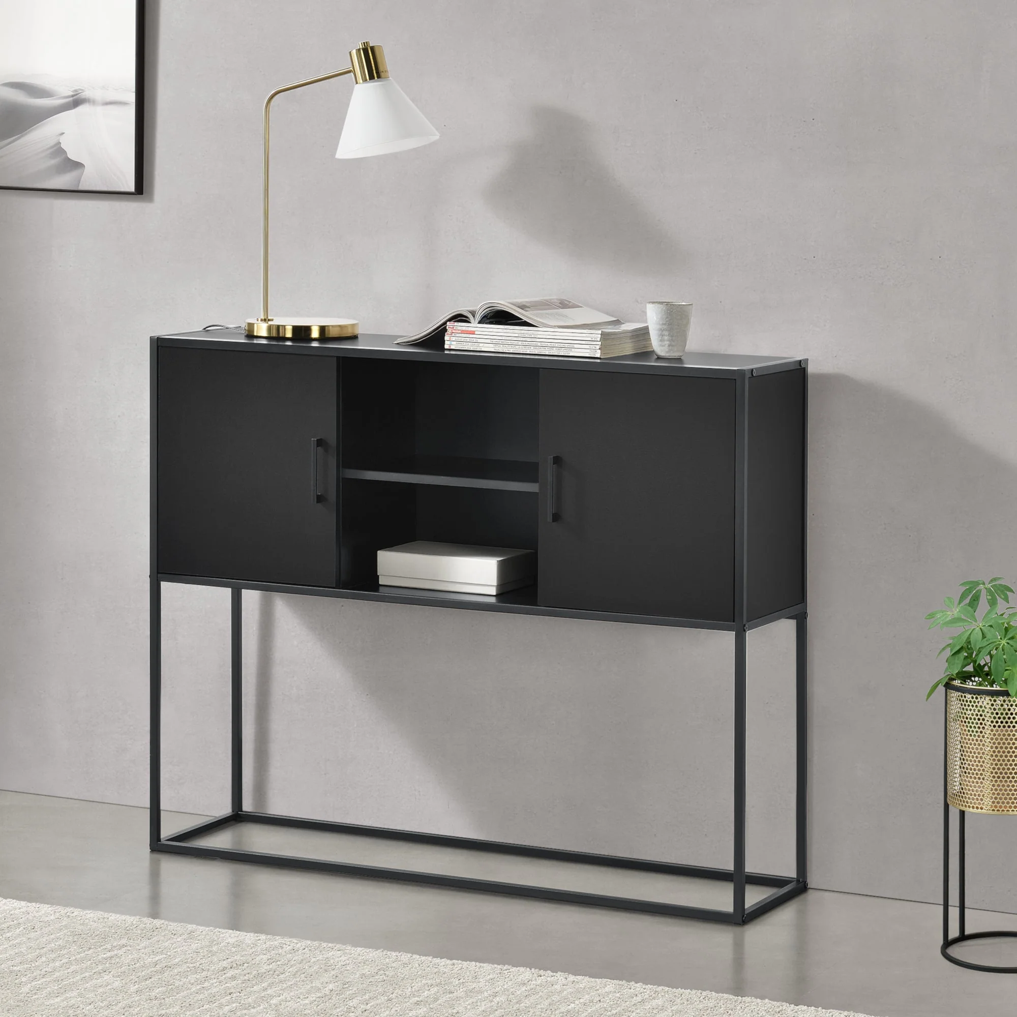 Sideboard Motala mit Ablage und Schranktüren Schwarz [en.casa] - Image 2