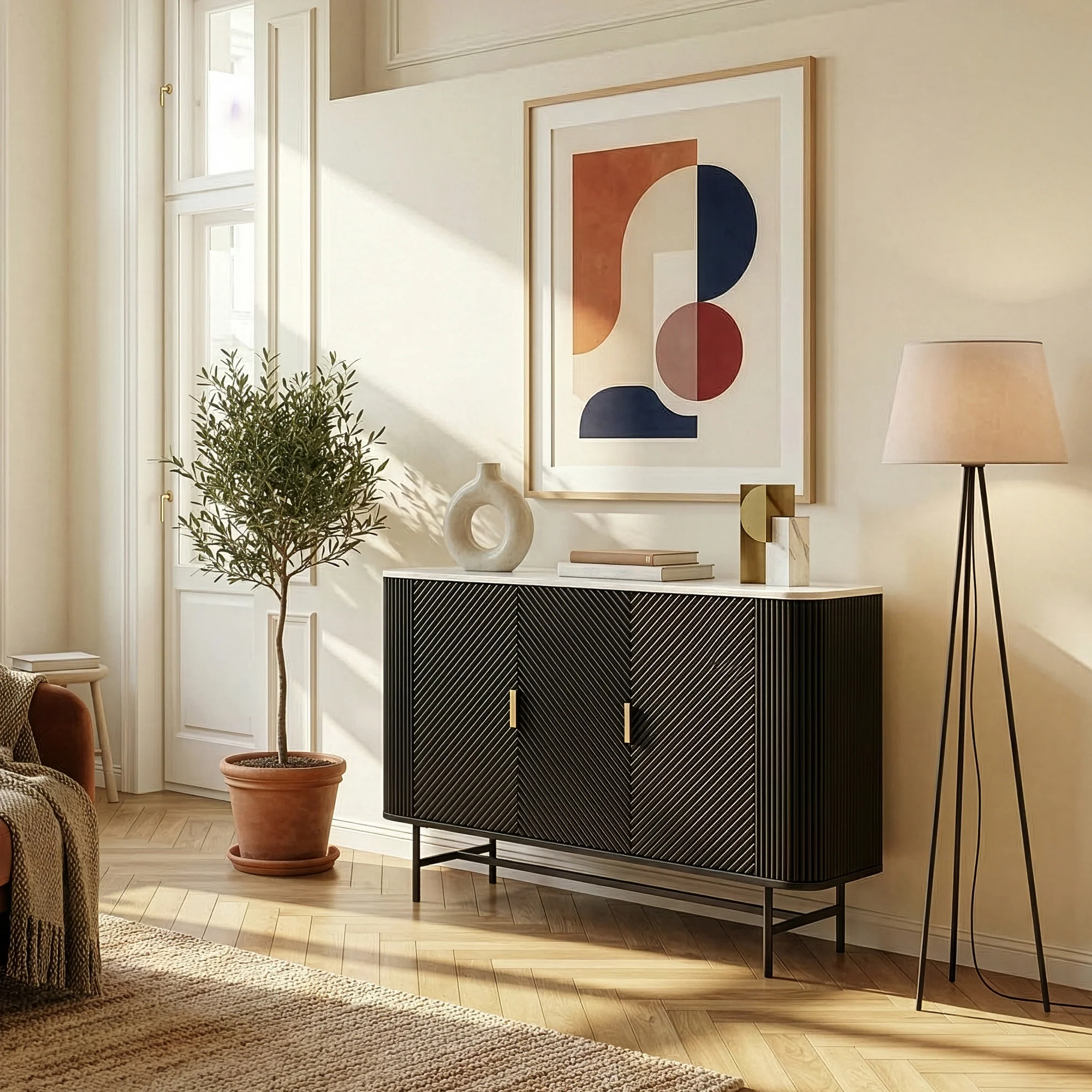 Sideboard Olvehok 110x40x77 cm Schwarz/Marmoroptik, weiß [en.casa] - Image 2