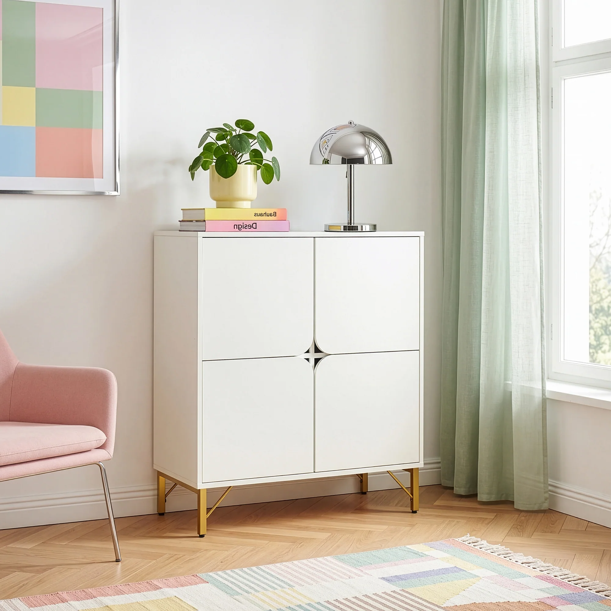 Sideboard Reyri 90x80x35 cm Weiß/Goldfarben [en.casa] - Image 2