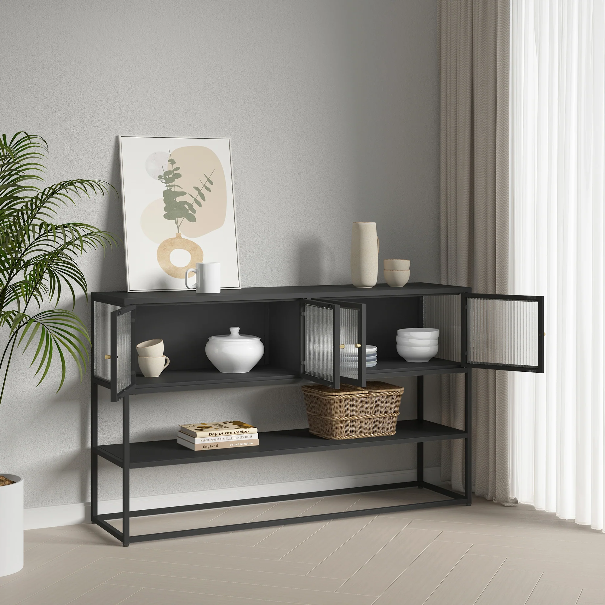 Sideboard Säkylä mit 4 Glastüren 150x38x90 cm Stahl [en.casa] - Image 2